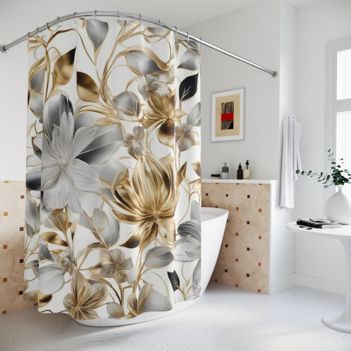 Gold and Silver Floral Shower Curtain | Metallic Botanical Bathroom Decor