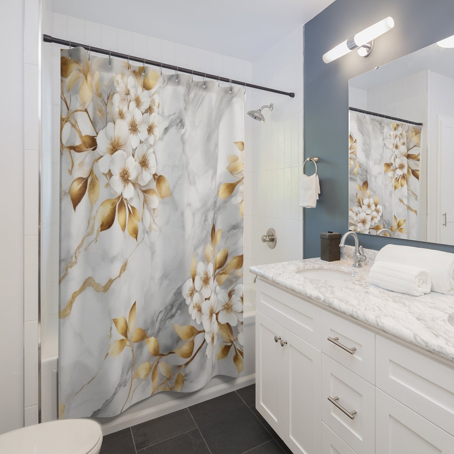 Marble Floral Shower Curtain — Gold Blossom Bathroom Curtain