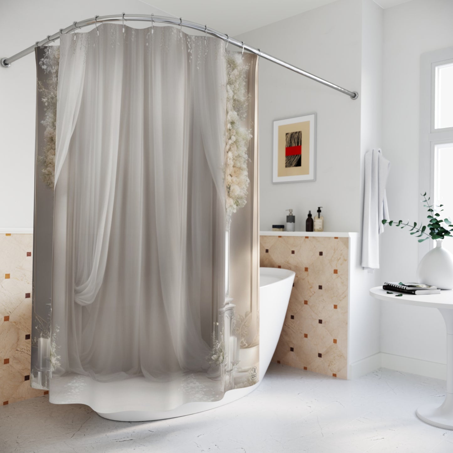 Romantic Draped Columns Shower Curtain | Neutral Floral Aisle