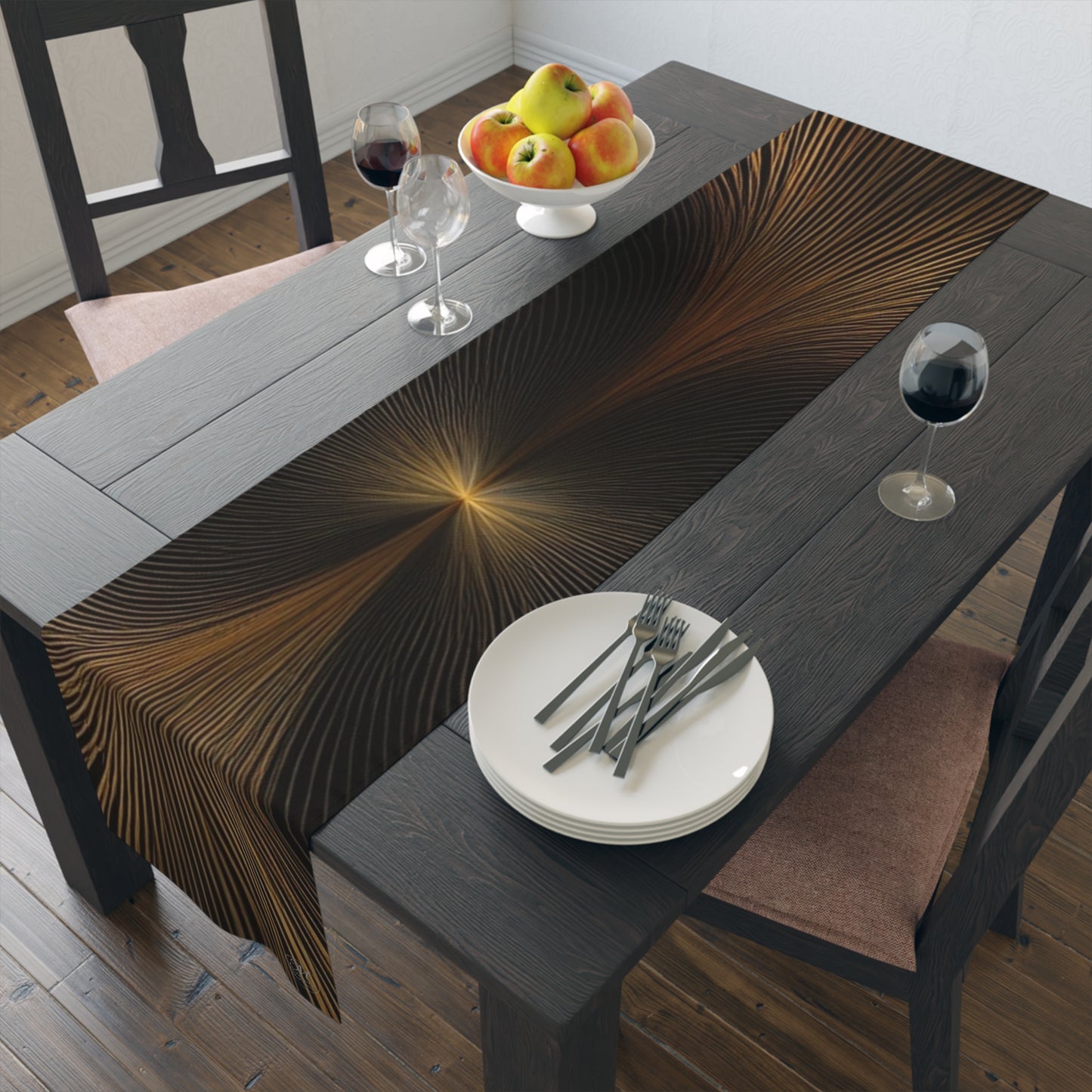 Golden Wave Lines Table Runner | Abstract Metallic Stripe Dining Decor