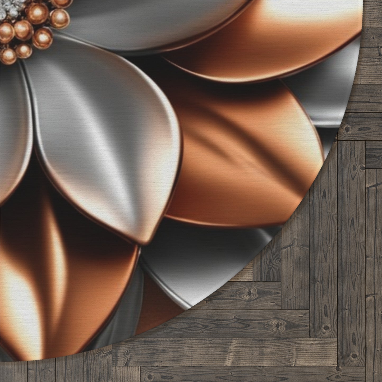 Metallic Floral Mandala Round Rug | Copper Silver Flower Rug