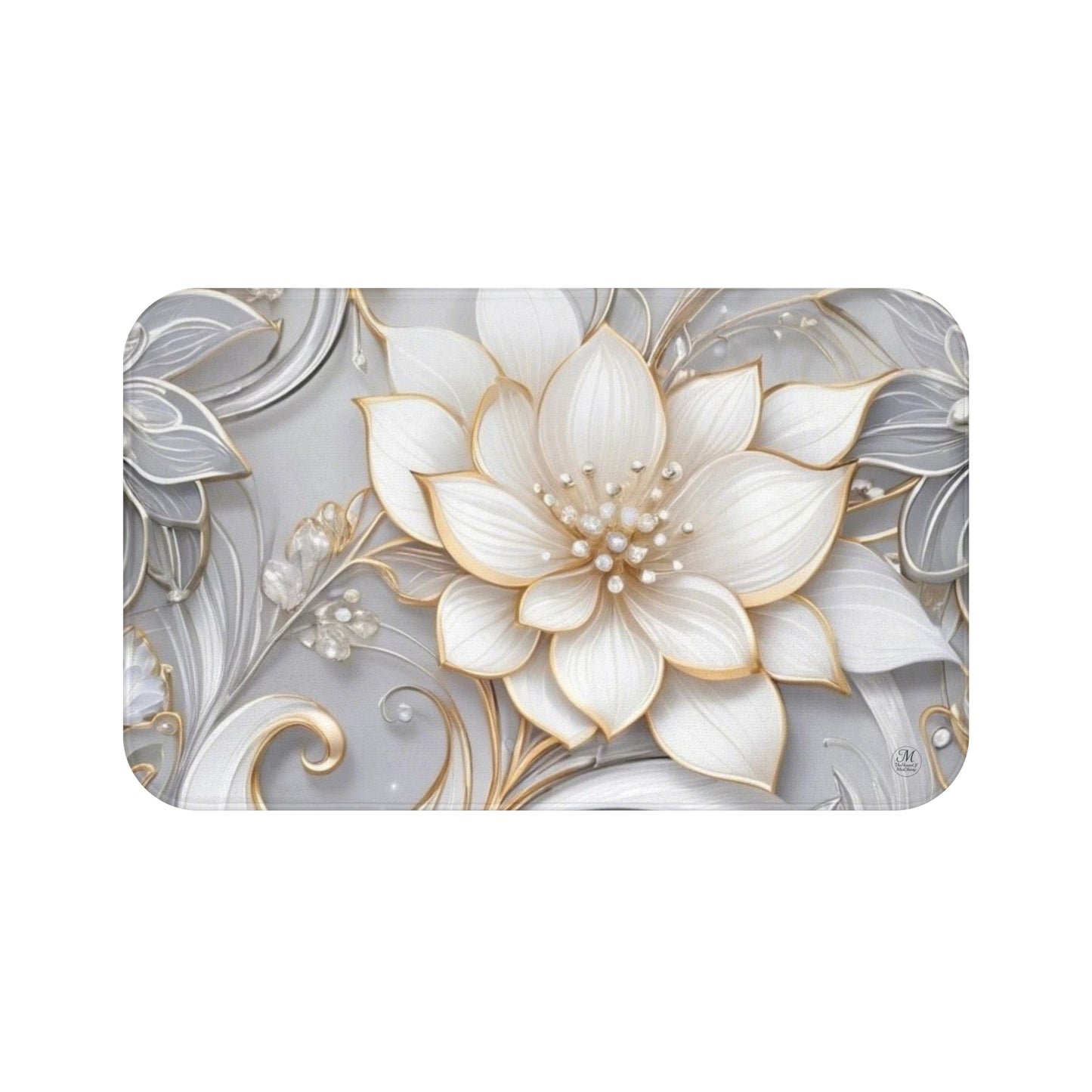 Gold & Ivory Floral Bath Mat | Elegant 3D Flower Scroll Design