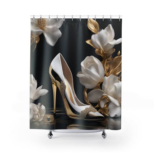 Elegant Stiletto & Gold Floral Shower Curtain — Luxury Bathroom Décor