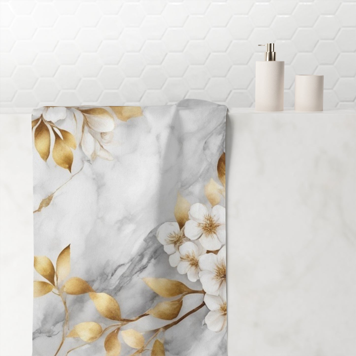 Luxury Marble Floral Cotton Towel – Gold Leaf Blossom Beach & Bath Towel
