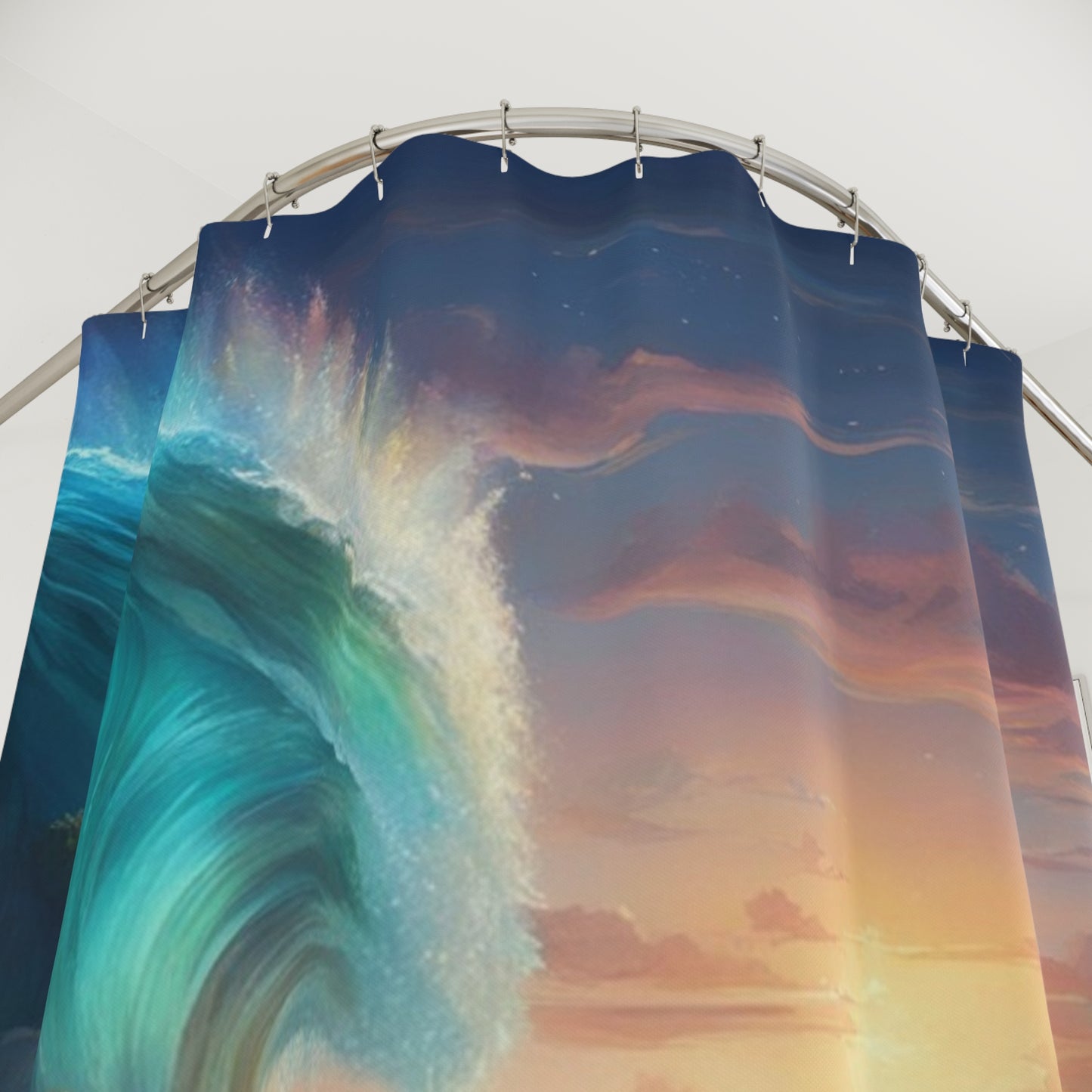 Ocean Wave Sunset Shower Curtain | Turquoise Sea Coastal Bathroom Decor