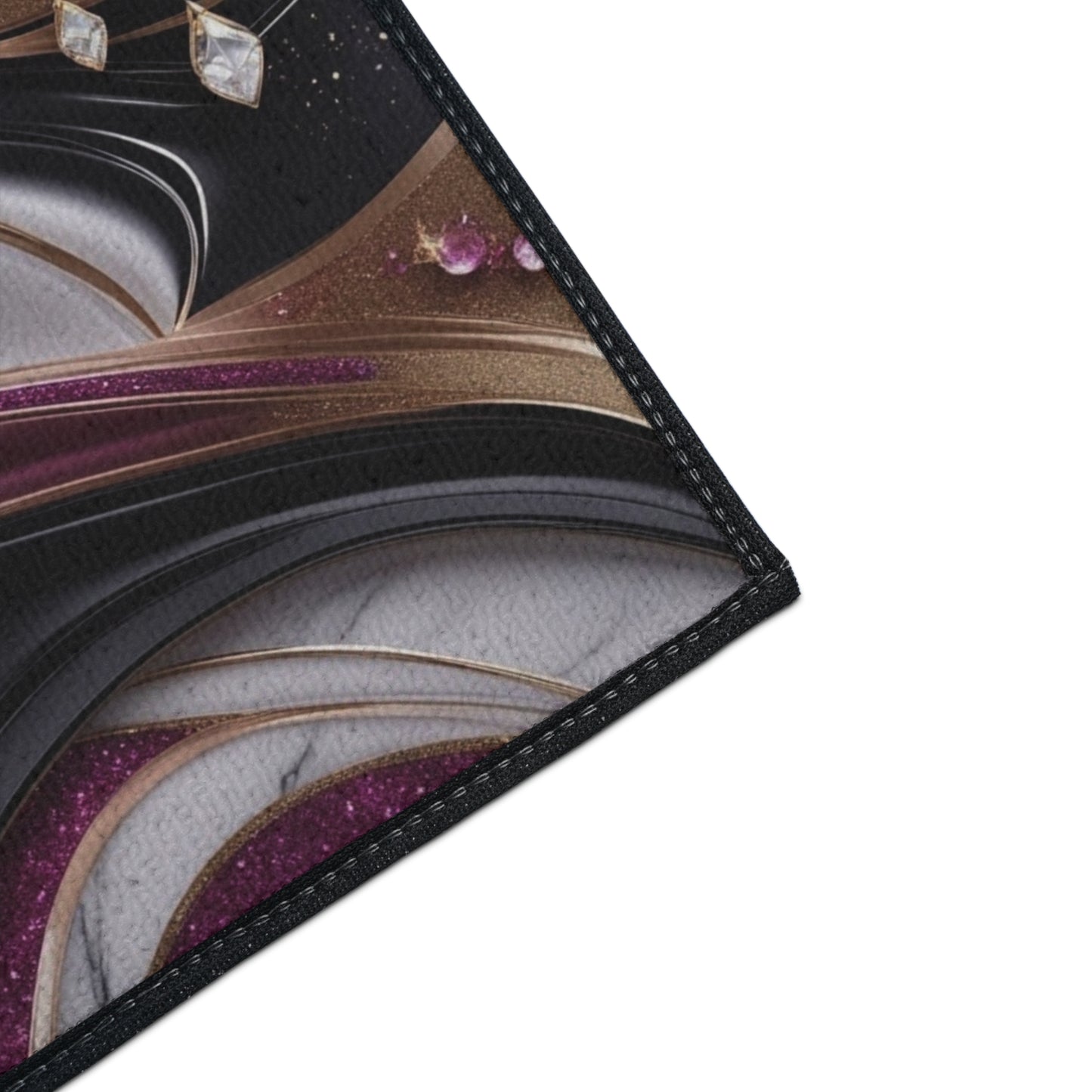 Abstract Metallic Swirl Floor Mat | Pink Gold Black Gemstone Accents