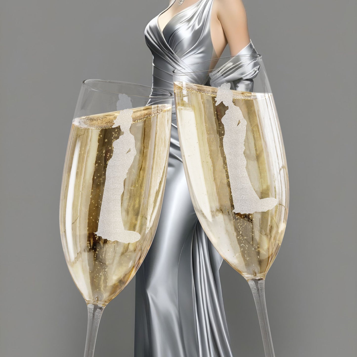 Champagne Glass, 8oz Silver Eclipse Lady "Frosted Engraving' Champagne Glasses