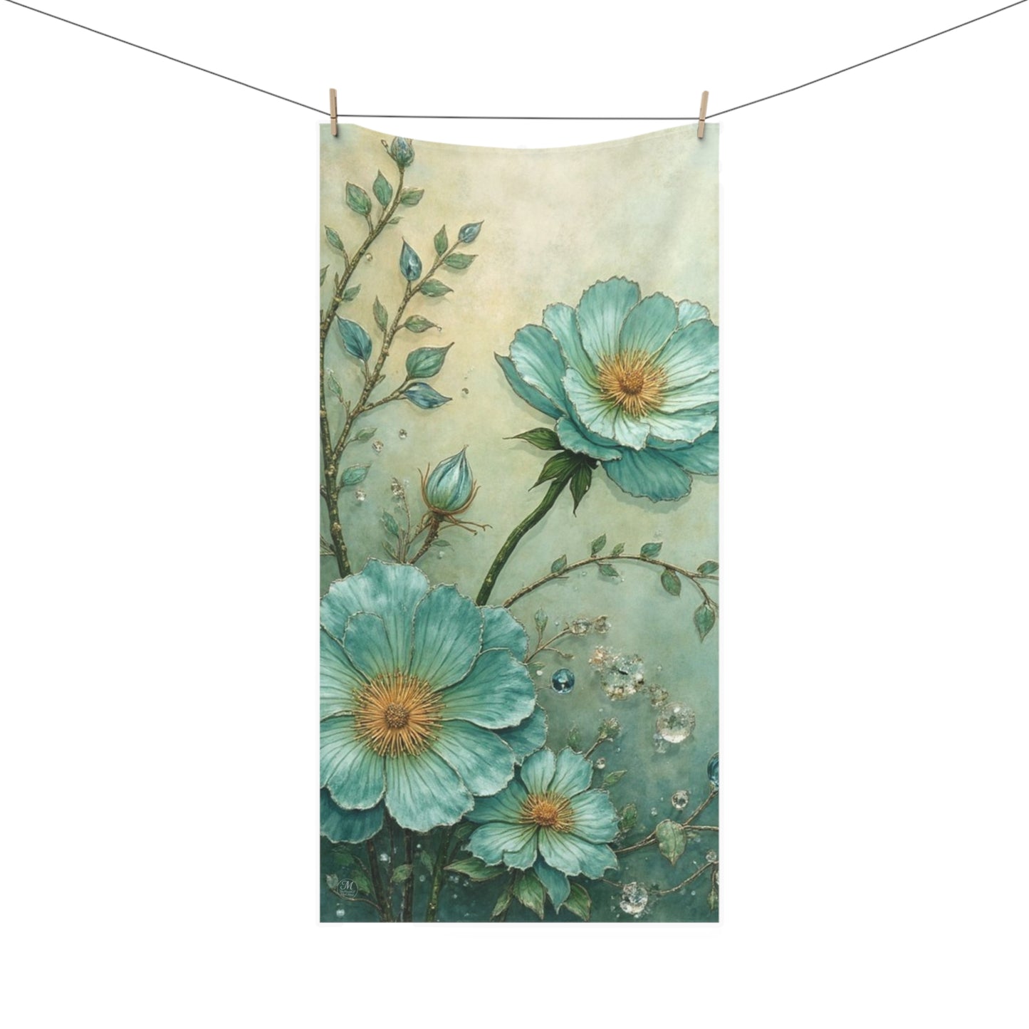 Teal Floral Watercolor Mink-Cotton Towel | Botanical Bloom Design