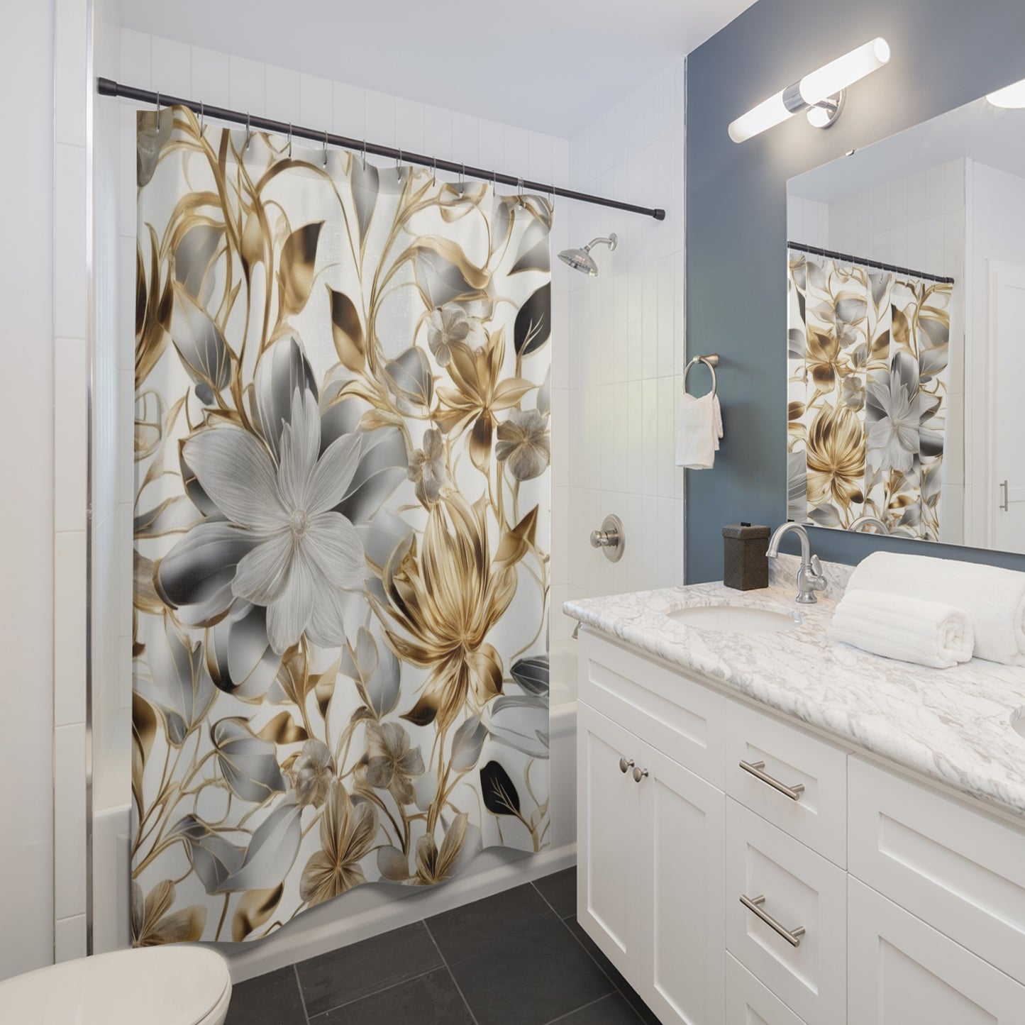 Gold and Silver Floral Shower Curtain | Metallic Botanical Bathroom Decor