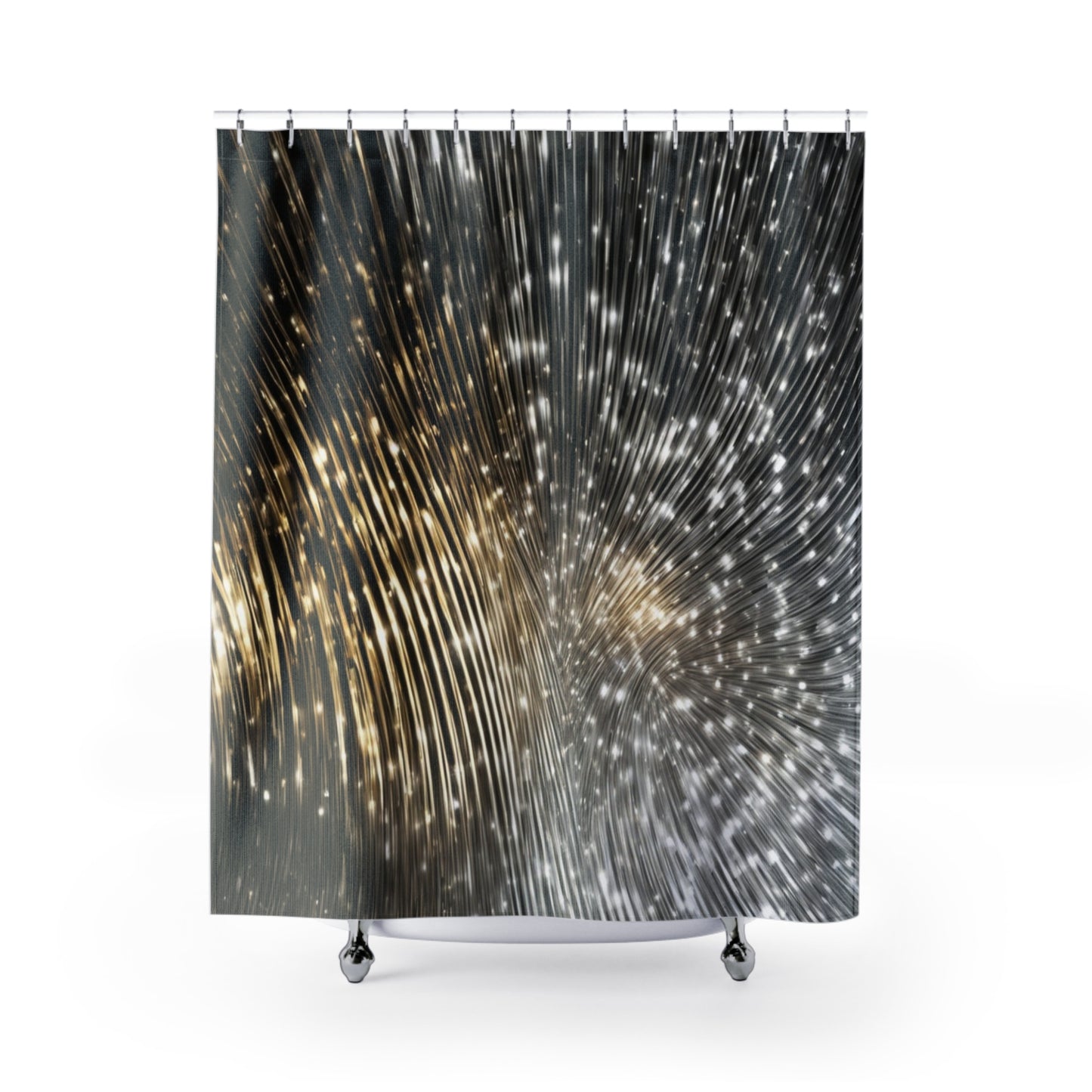 Abstract Starburst Pattern Shower Curtain | Metallic Black Gold Sparkle