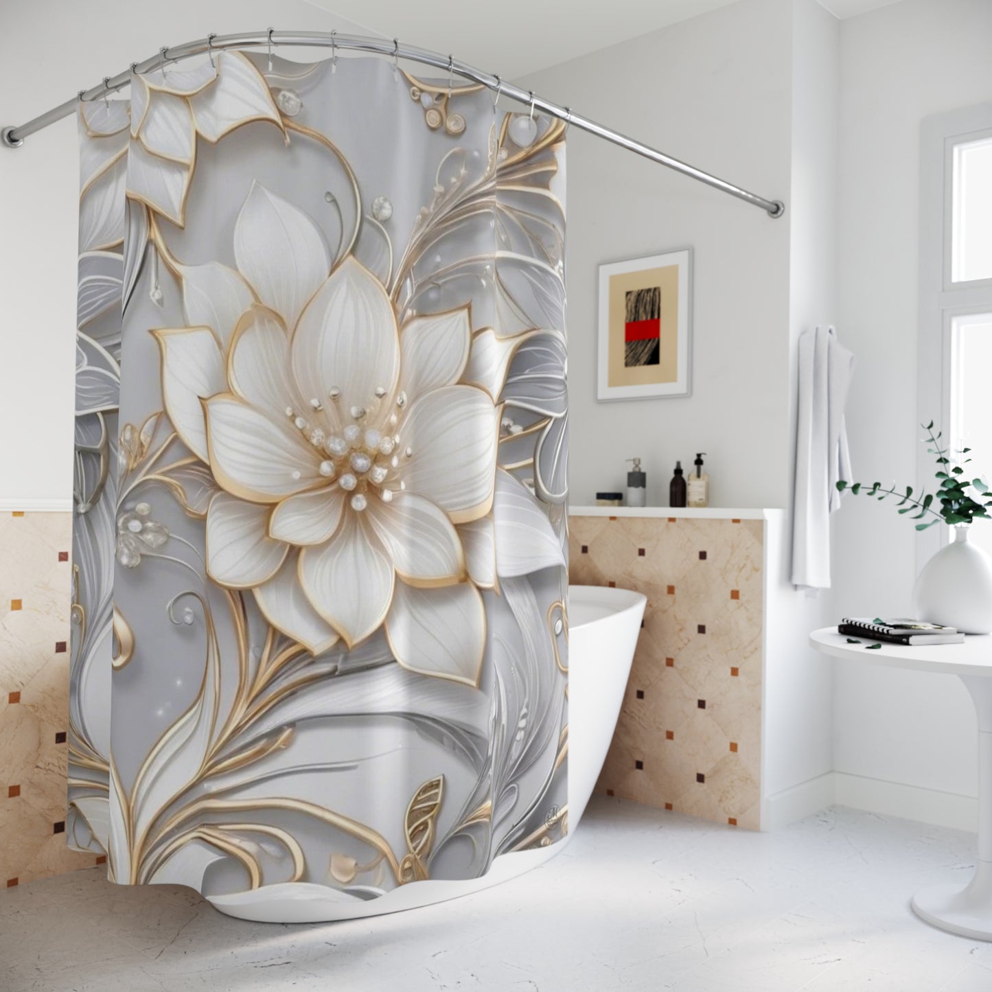 Gold Accent Floral Shower Curtain silver background | Elegant 3D Lotus Bathroom Drapery