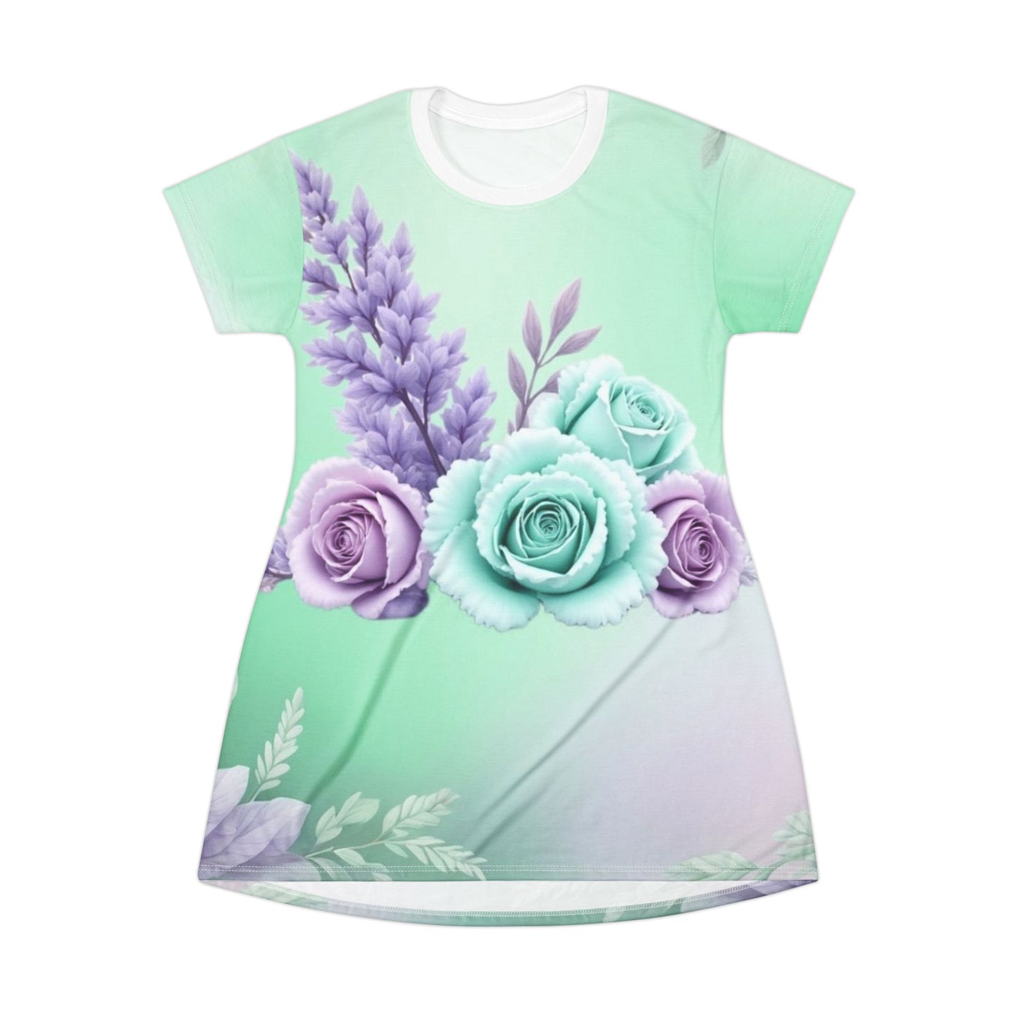 Floral Mint Gradient T‑Shirt Dress — Pastel Roses & Lavender All‑Over Print