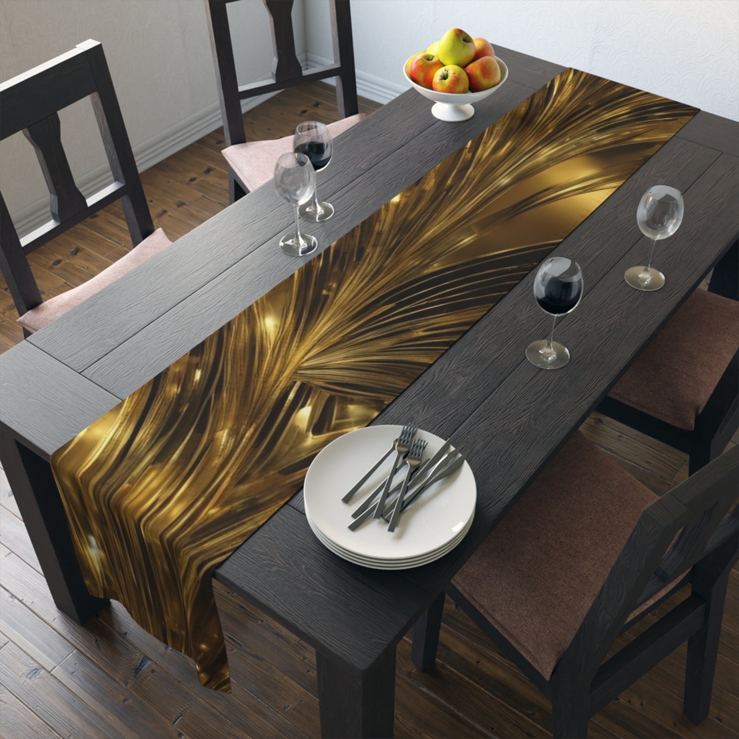 Gold Marble Swirl Table Runner | Metallic Abstract Dining Decor