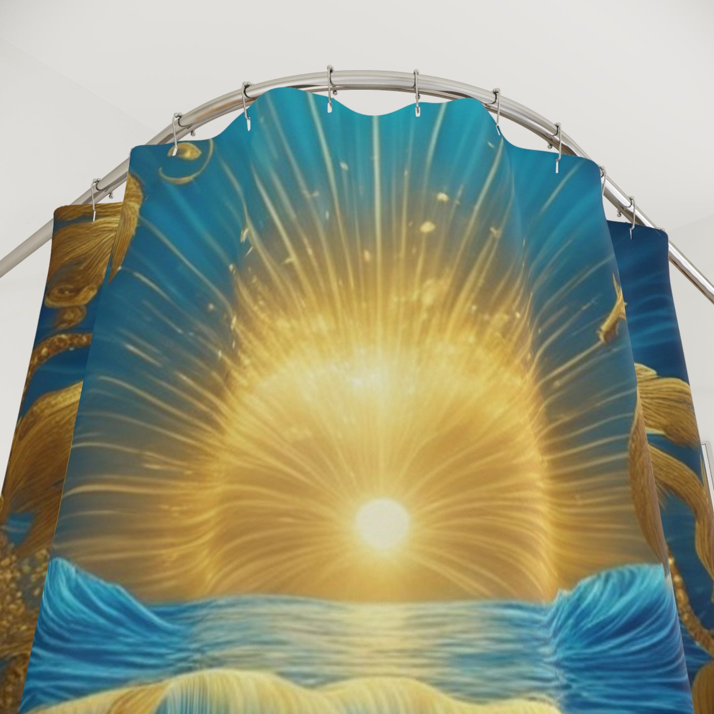 Golden Sunburst Ocean Whimsical Scene Shower Curtain | Nautical Waves, Dolphins