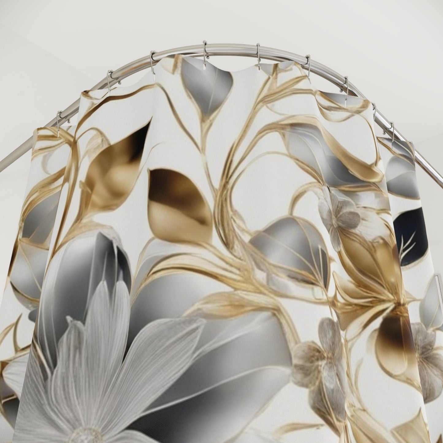 Gold and Silver Floral Shower Curtain | Metallic Botanical Bathroom Decor