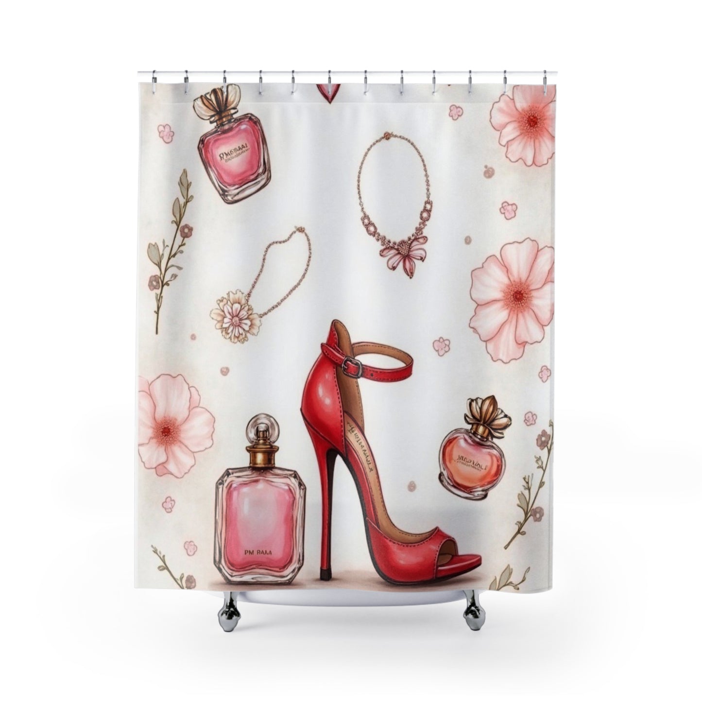 Red High Heel & Perfume Pattern Shower Curtain | Floral Jewelry Bathroom Decor