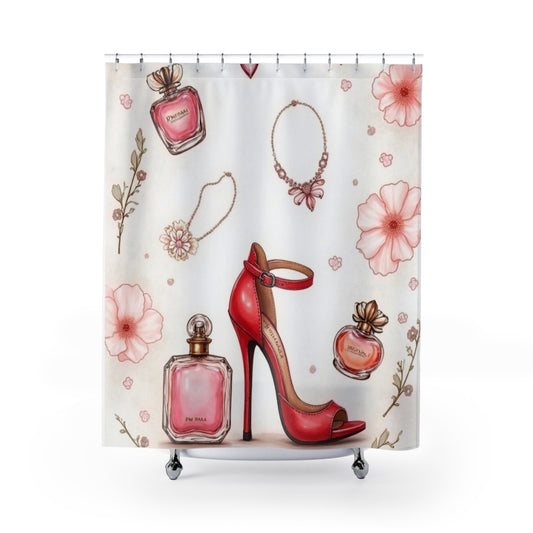 Red High Heel & Perfume Pattern Shower Curtain | Floral Jewelry Bathroom Decor
