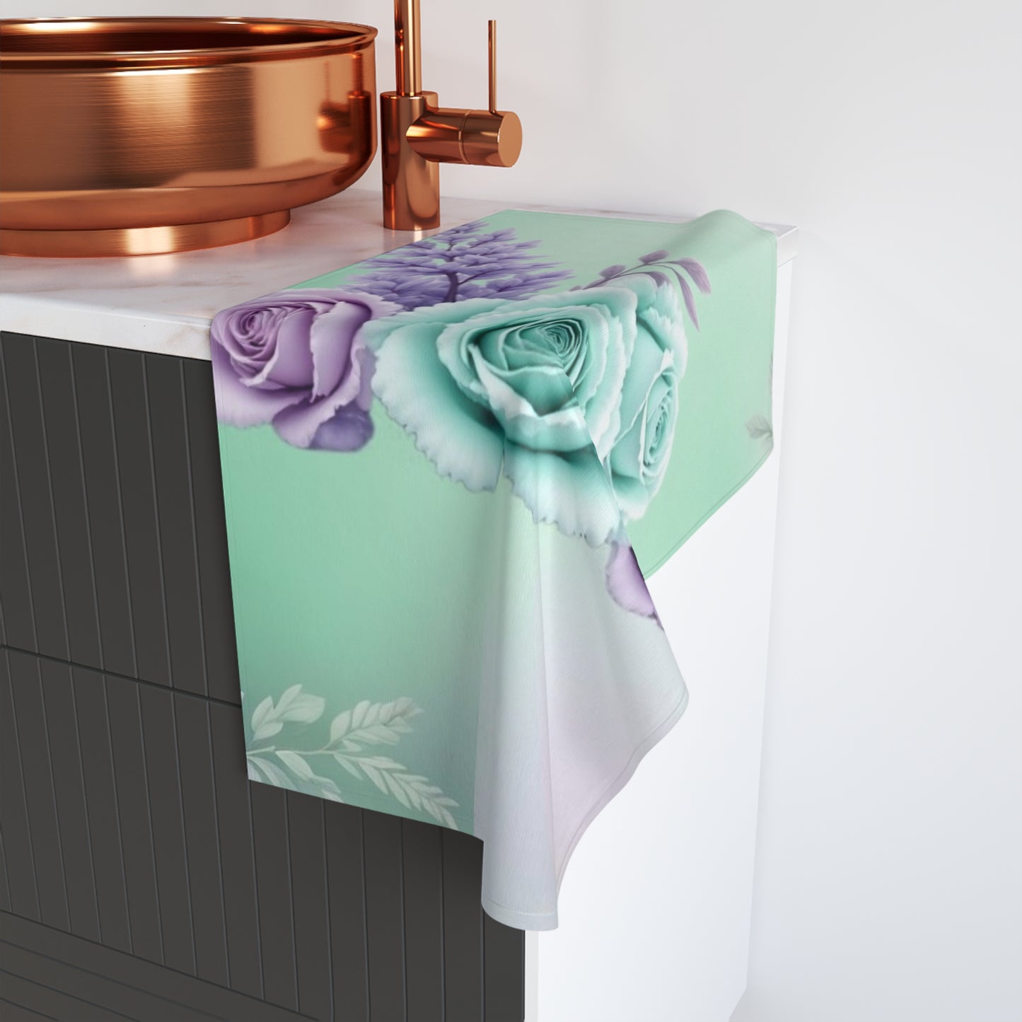 Mint and Lavender Rose Bouquet Hand Towel | Floral Bathroom Decor