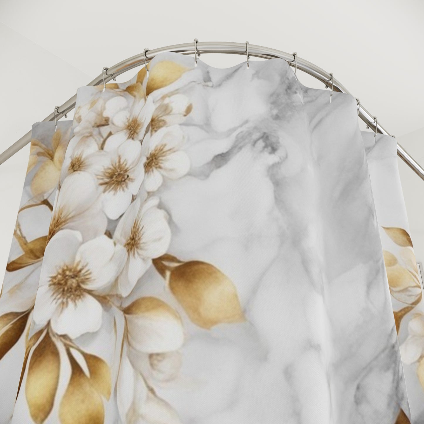 Marble Floral Shower Curtain — Gold Blossom Bathroom Curtain