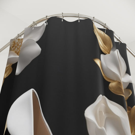 Elegant Stiletto & Gold Floral Shower Curtain — Luxury Bathroom Décor