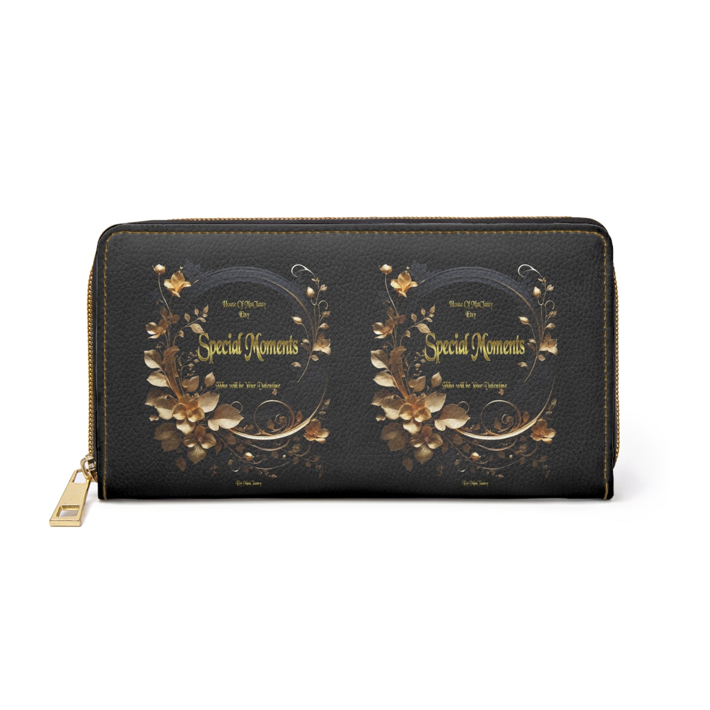 Gold Floral Special Moments Zipper Wallet | Black Leather Look, Elegant Floral Design