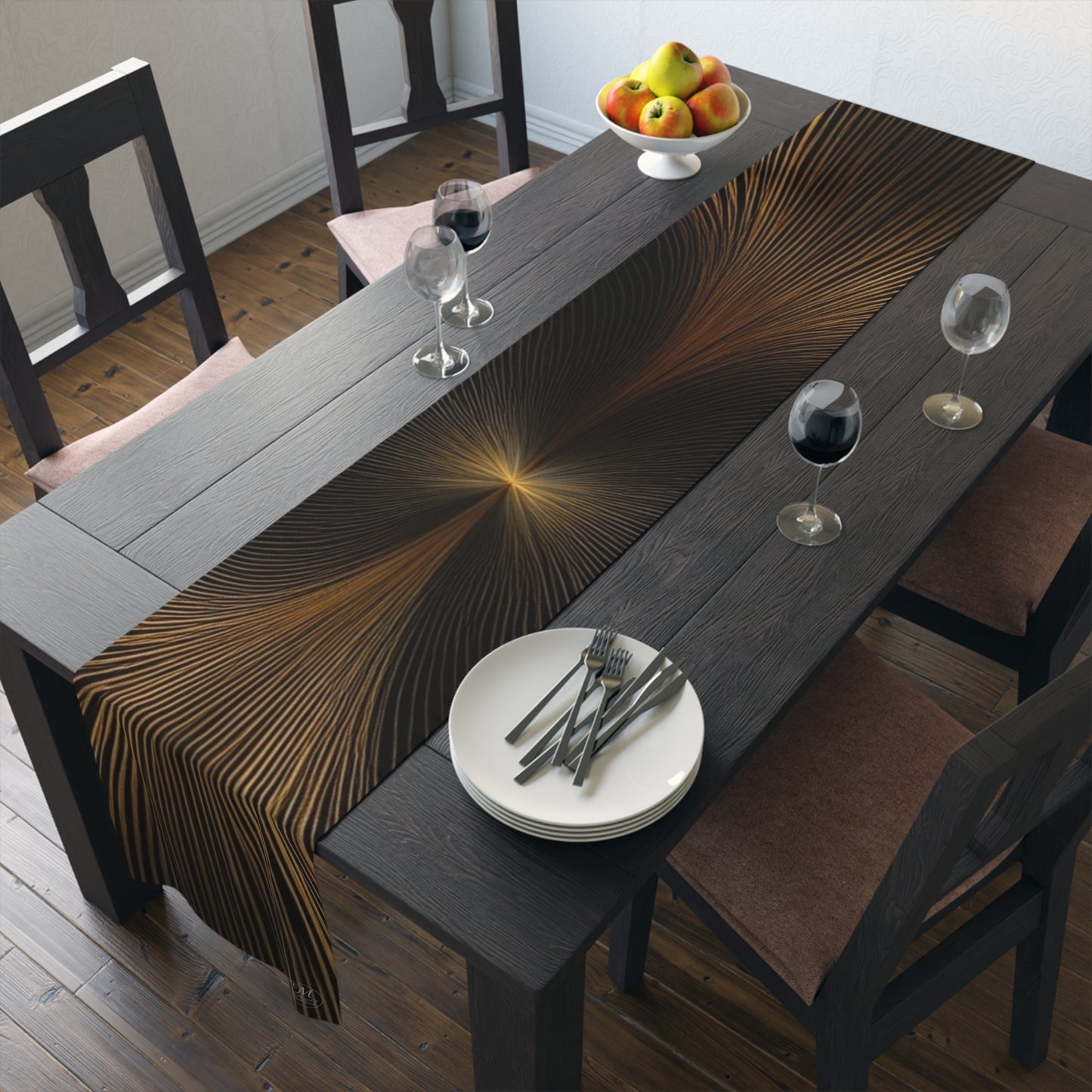 Golden Wave Lines Table Runner | Abstract Metallic Stripe Dining Decor