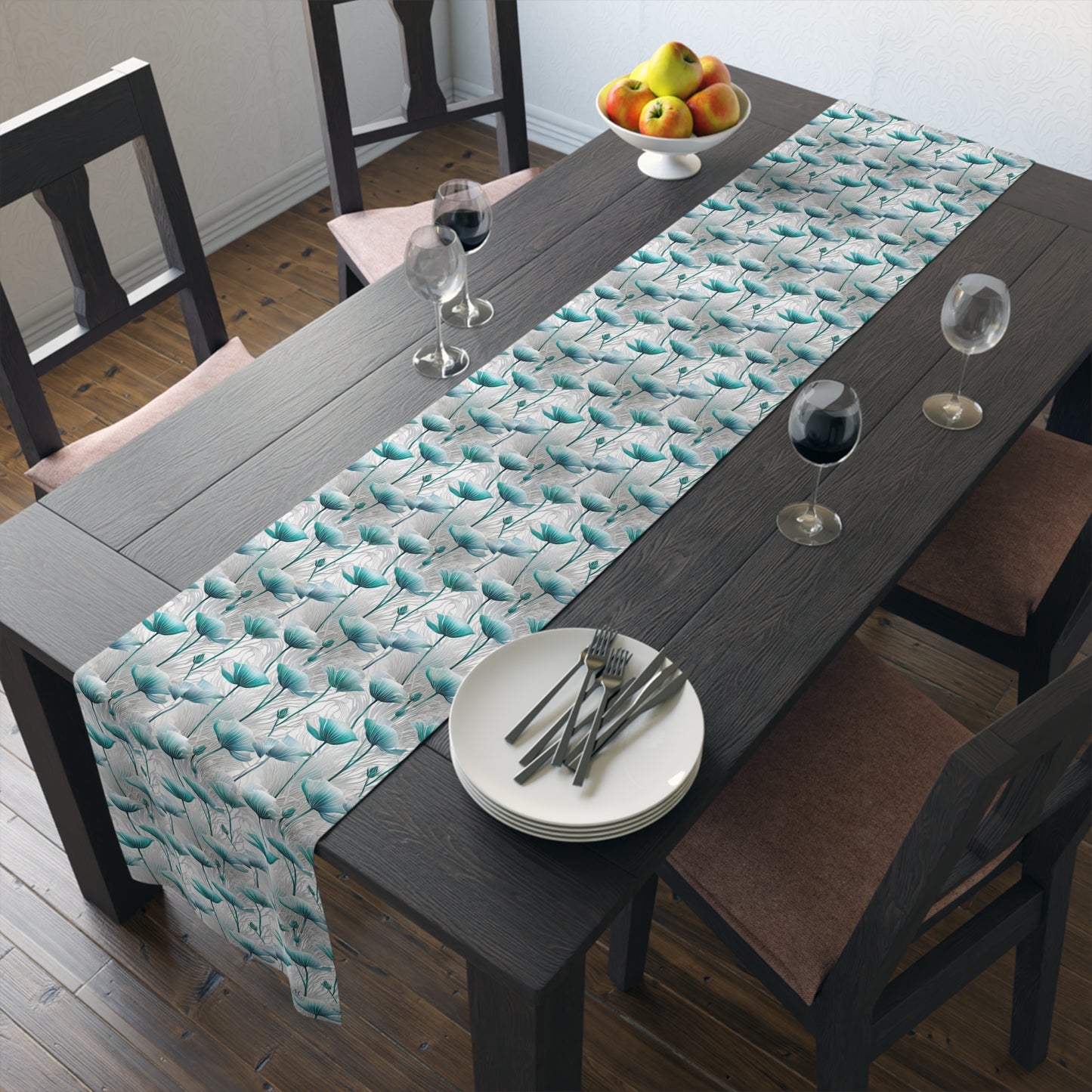 Teal Poppy Floral Table Runner | Cotton Polyester Dining Decor