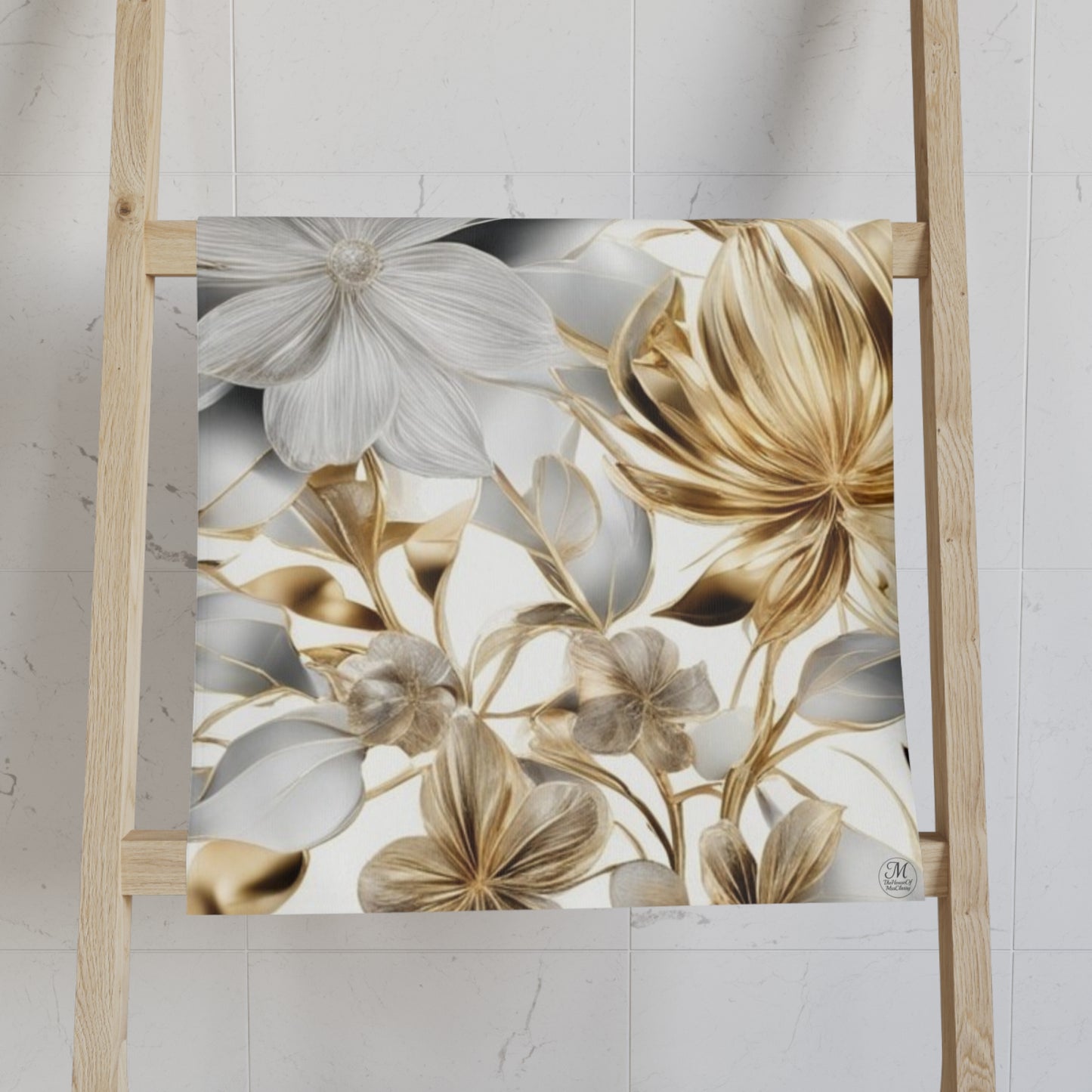 Gold and Silver Floral Hand Towel | Metallic Botanical Pattern