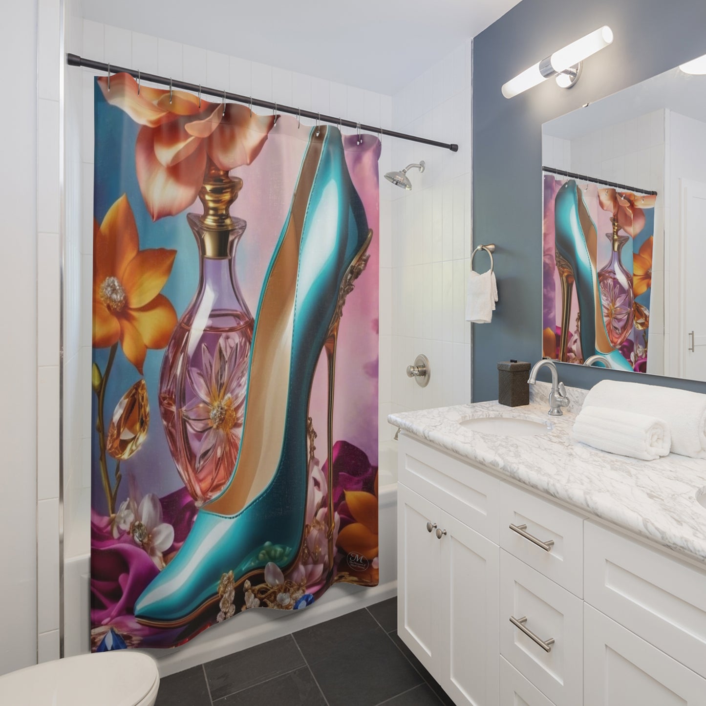 Teal Stiletto & Perfume Bottle Shower Curtain | Glam Floral Vanity