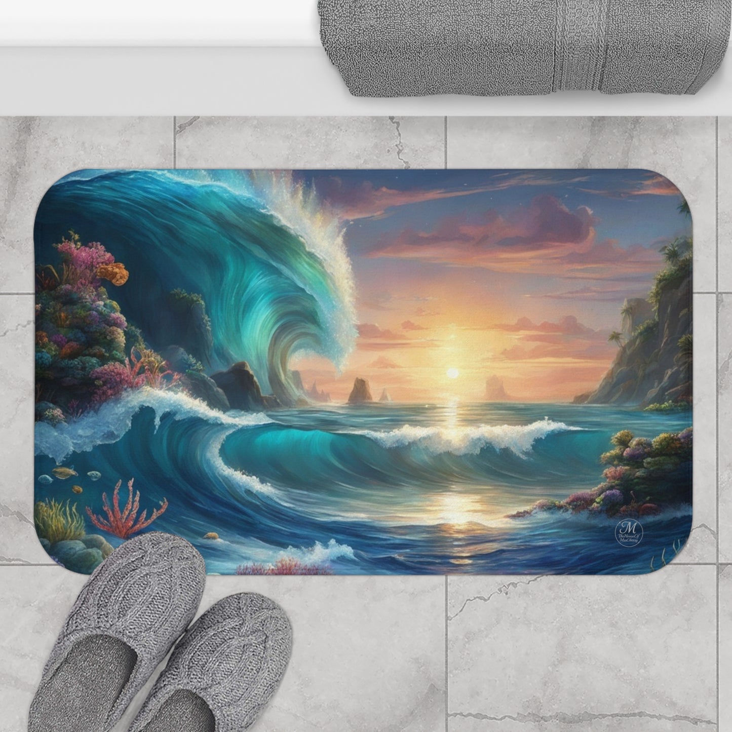 Sunset Ocean Wave Bath Mat | Tropical Seascape, Coral Reef