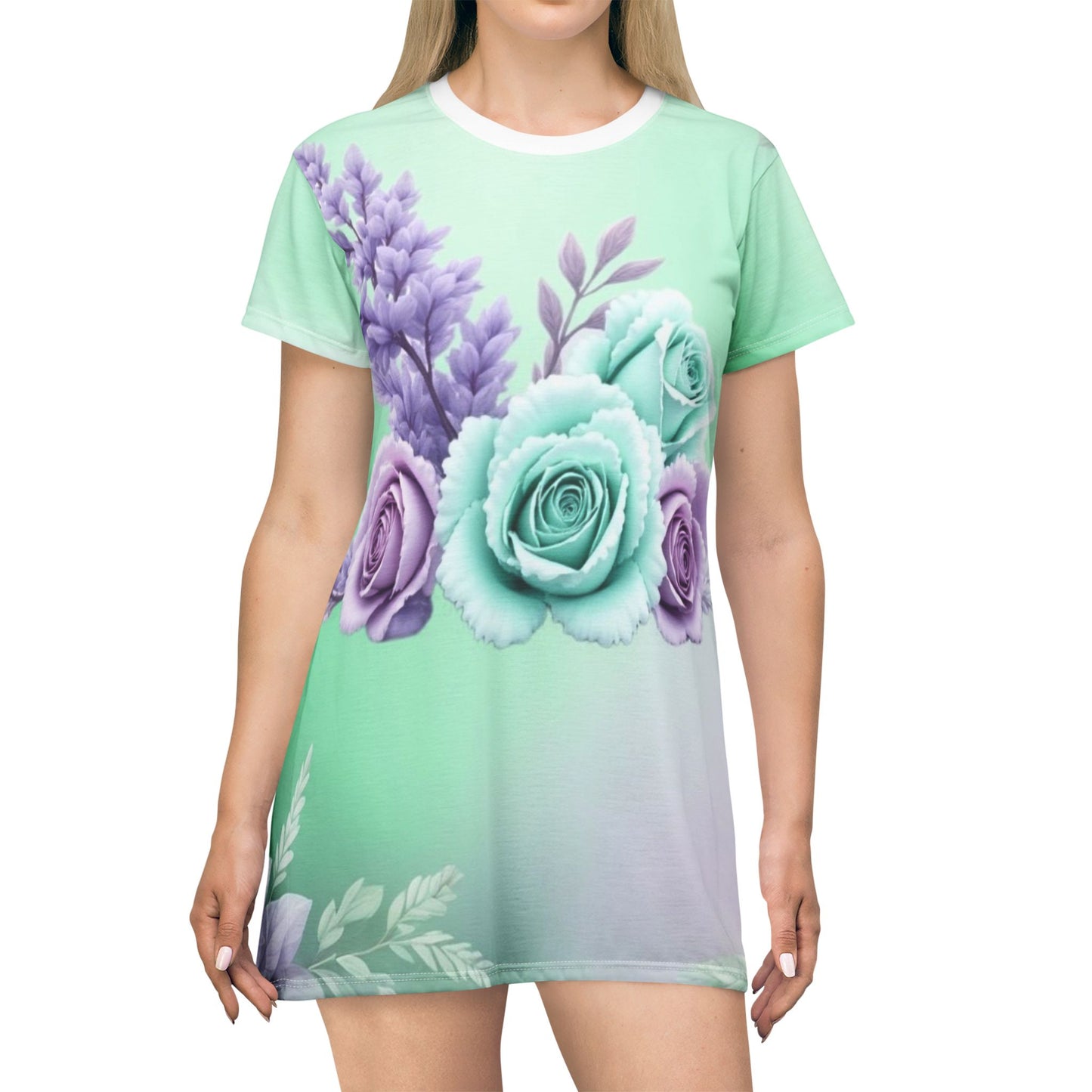 Floral Mint Gradient T‑Shirt Dress — Pastel Roses & Lavender All‑Over Print
