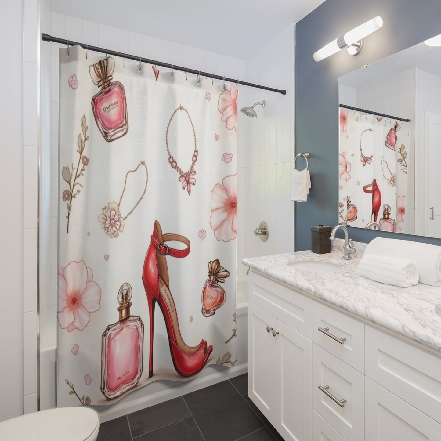 Red High Heel & Perfume Pattern Shower Curtain | Floral Jewelry Bathroom Decor