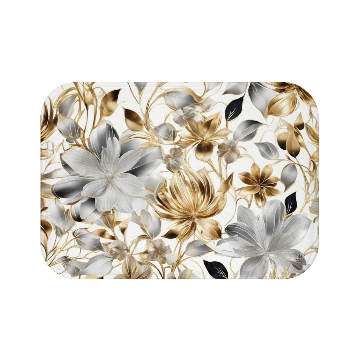 Golden and Silver Floral Bath Mat | Neutral Flower Bathroom Rug