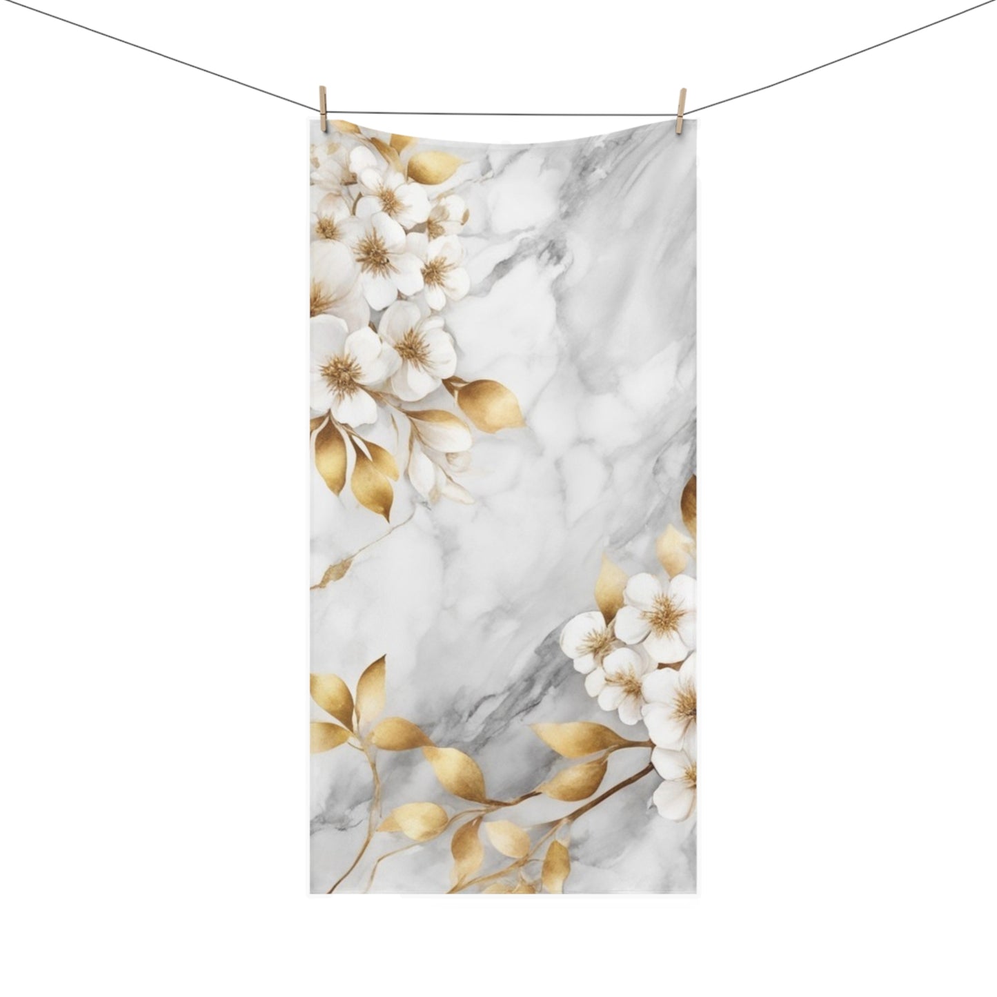 Luxury Marble Floral Cotton Towel – Gold Leaf Blossom Beach & Bath Towel