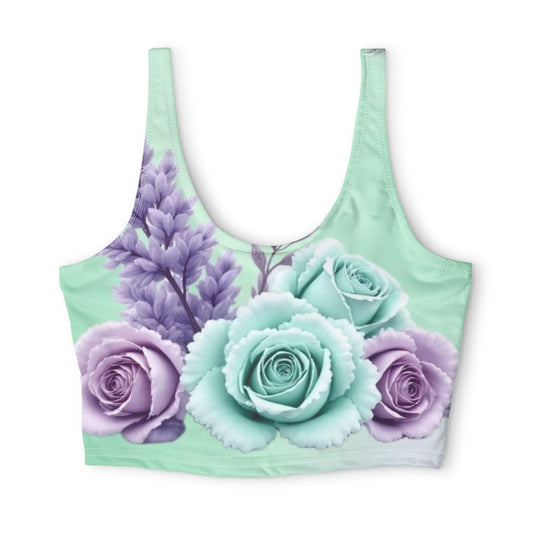 Floral Mint Rose Sports Bra — Pastel Lavender & Teal Activewear