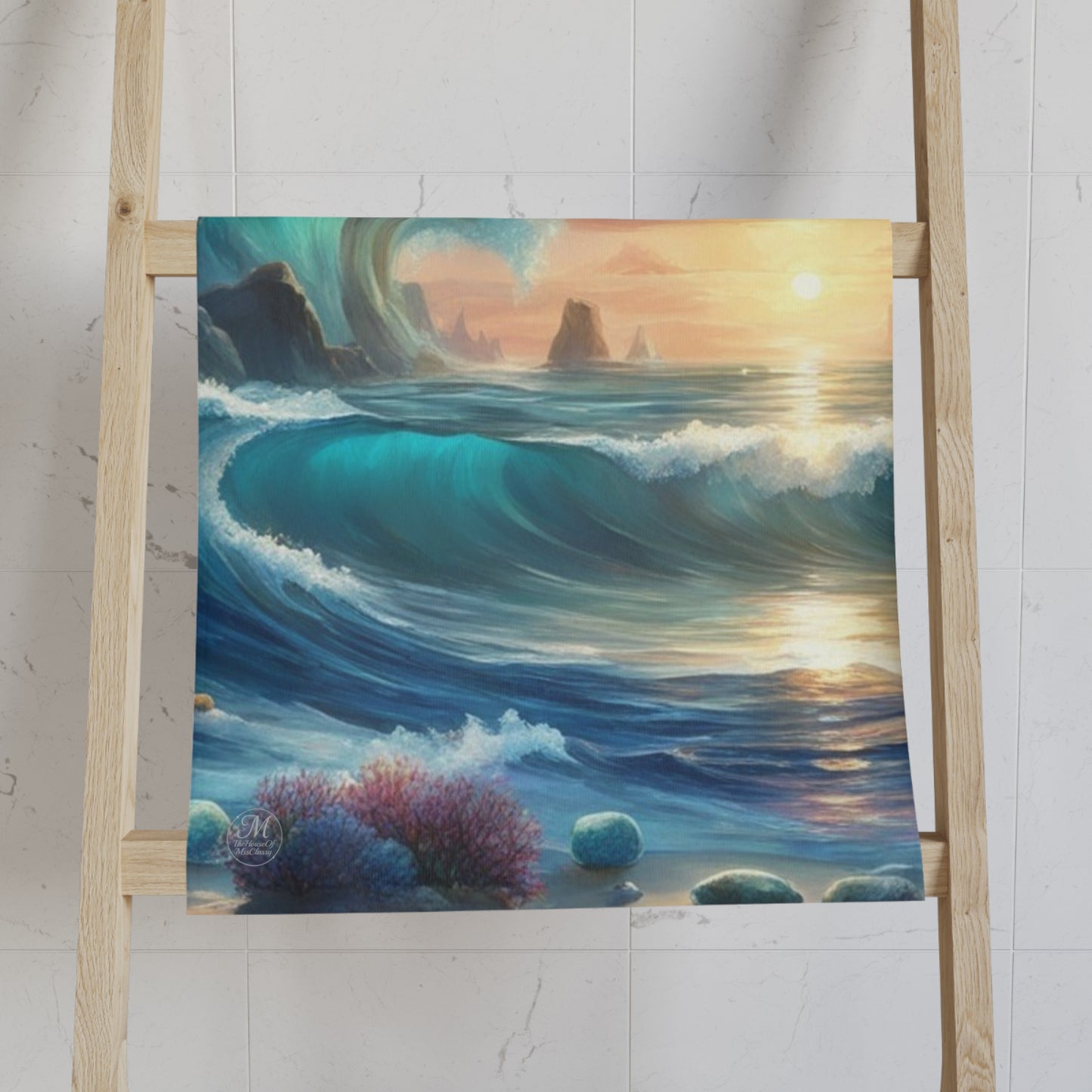 Sunset Ocean Wave Hand Towel | Turquoise Surf Seascape