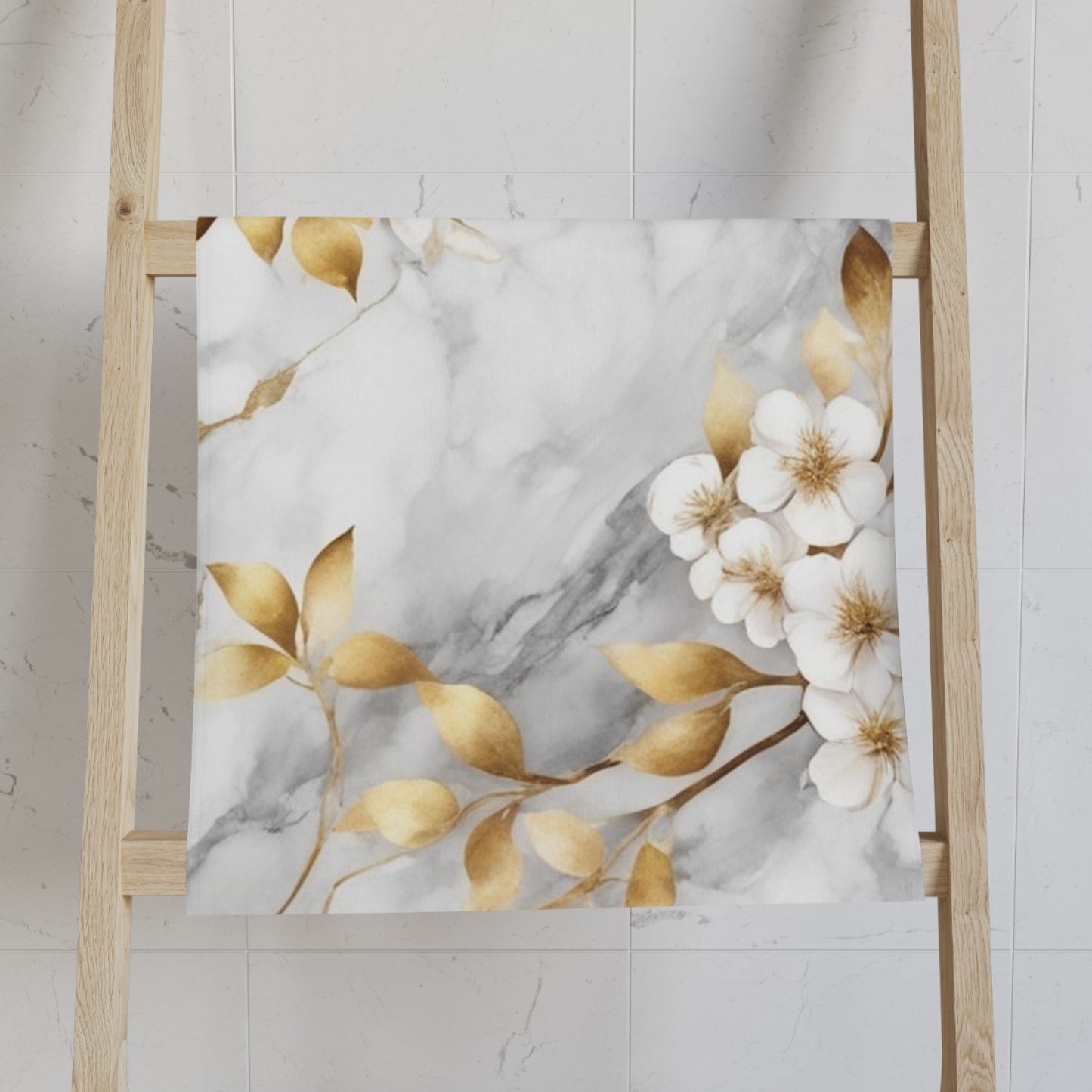 Marble Floral Hand Towel — Gold Blossom Bathroom Accent