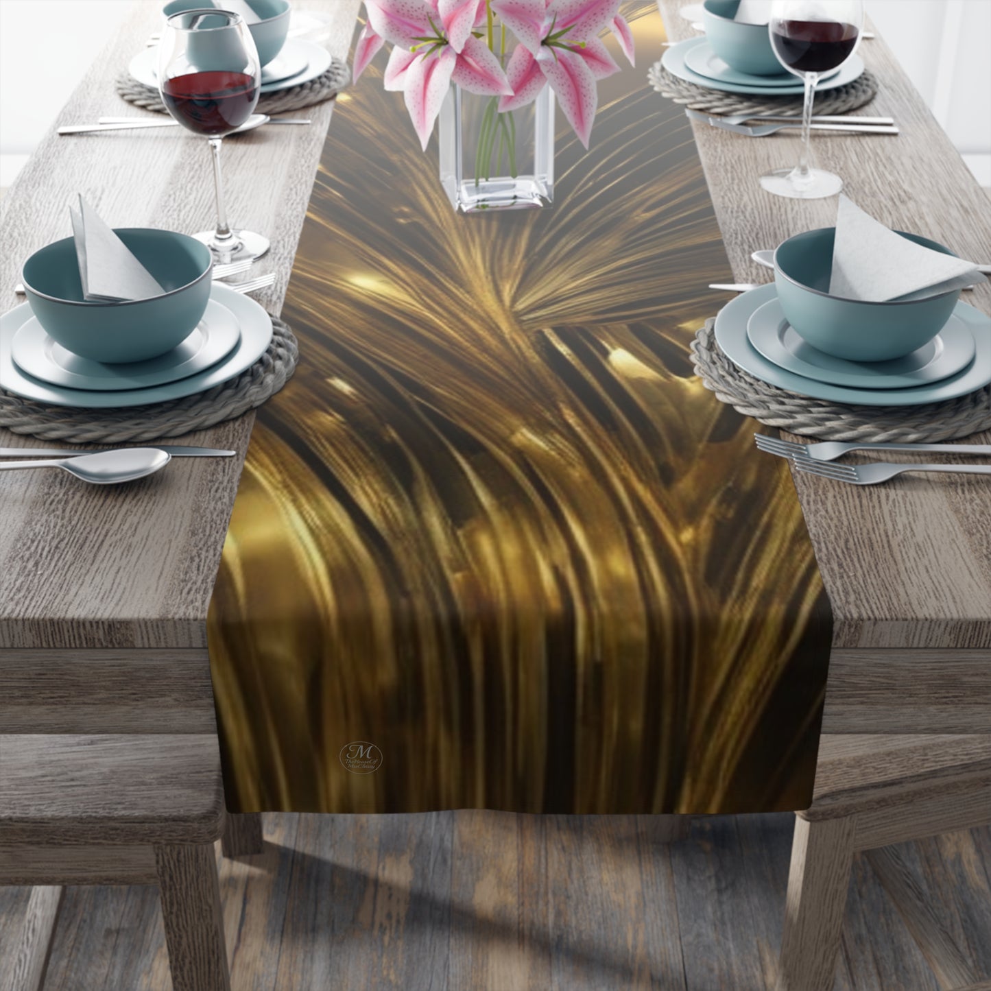 Gold Marble Swirl Table Runner | Metallic Abstract Dining Decor