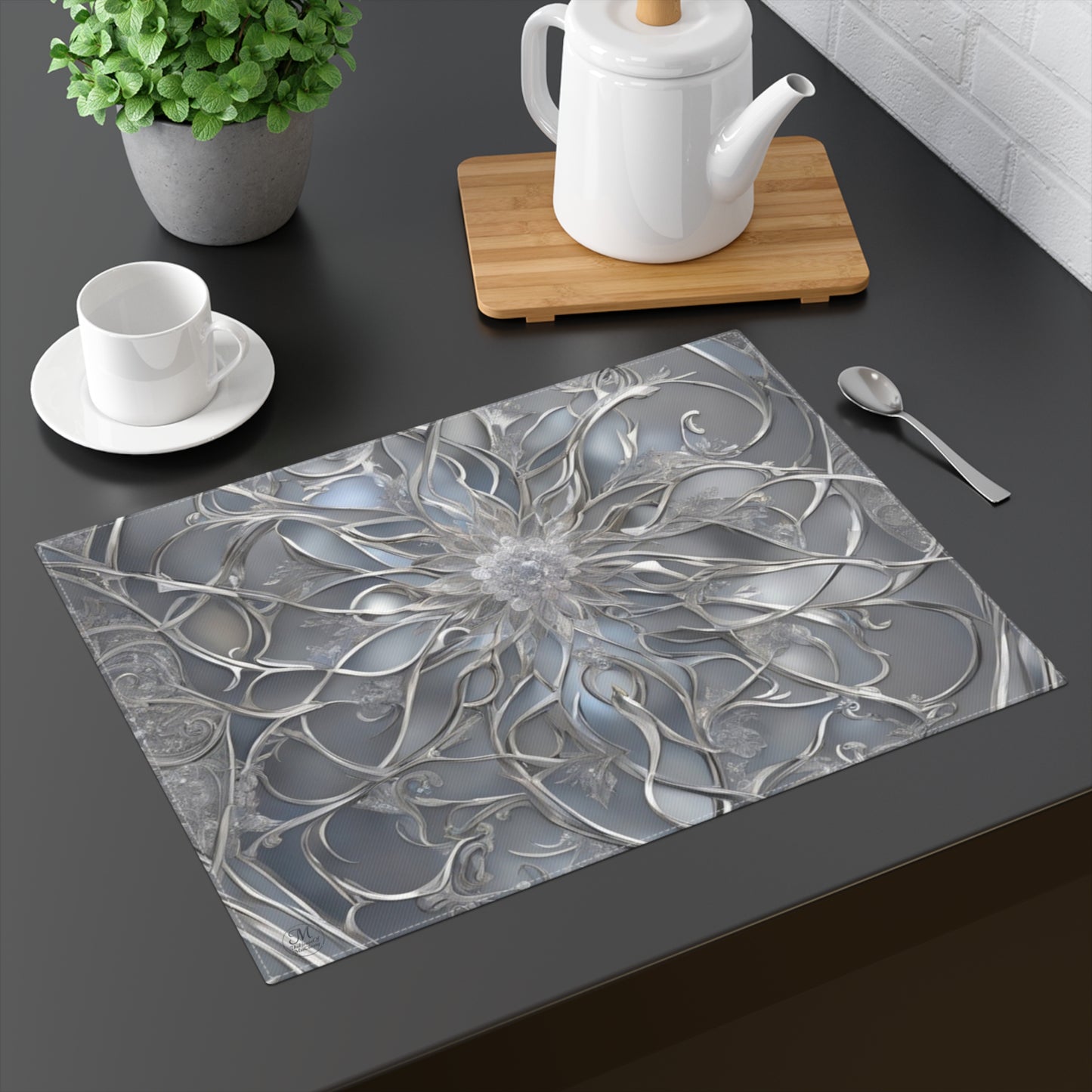 Silver Floral Mandala Placemat | Metallic Scrollwork Table Decor