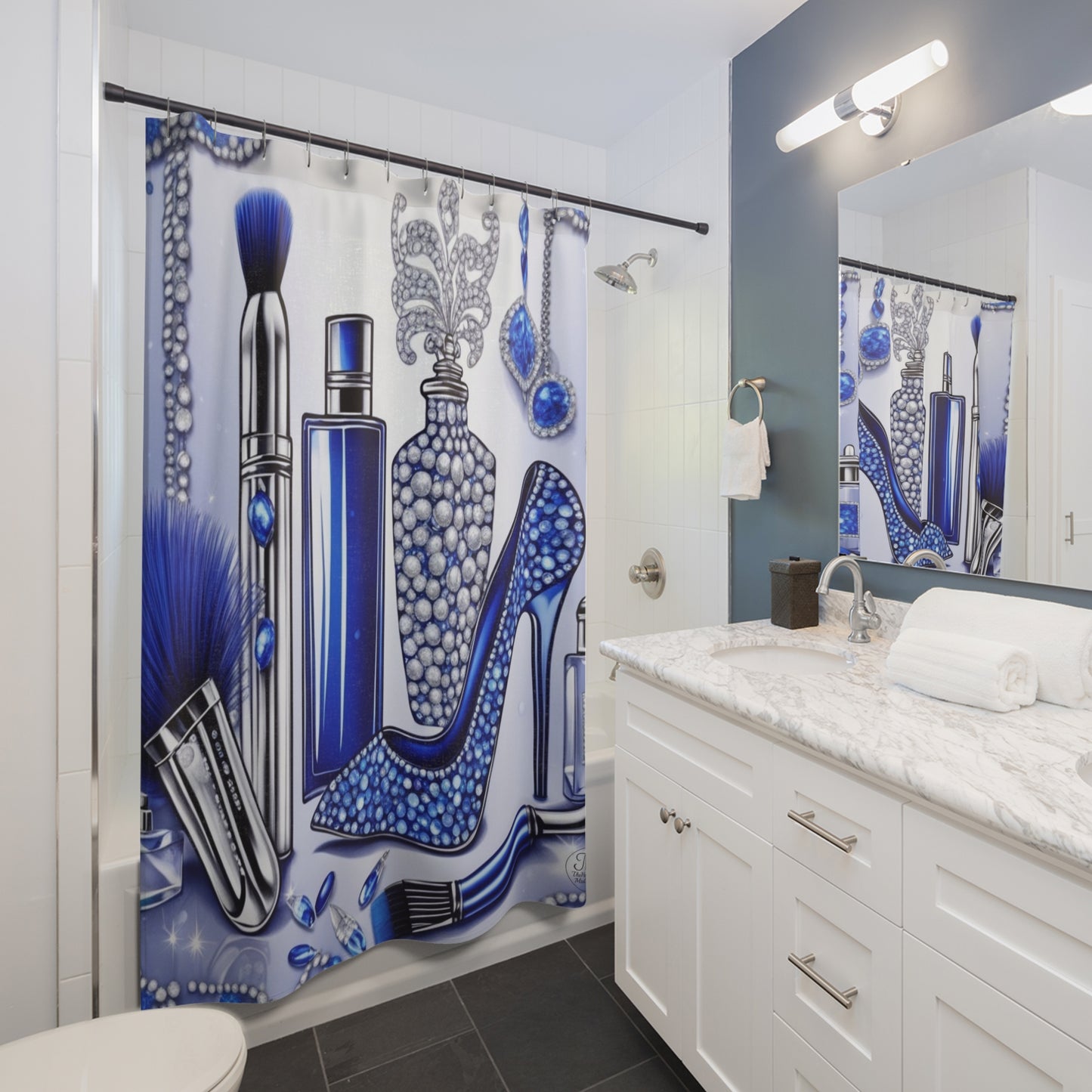 Glam Blue Perfume & Accessories Shower Curtain