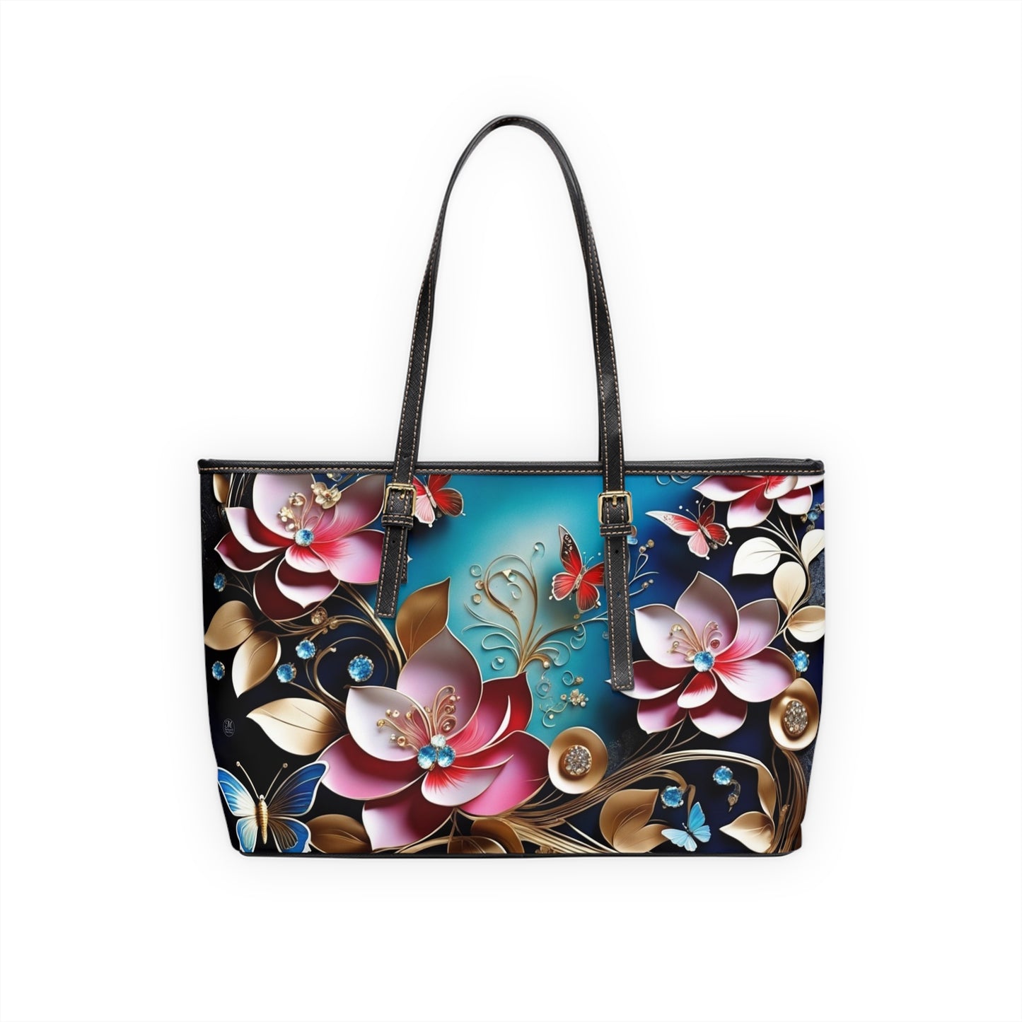 Floral Butterfly Pattern PU Leather Shoulder Bag | Pink Teal Blossoms