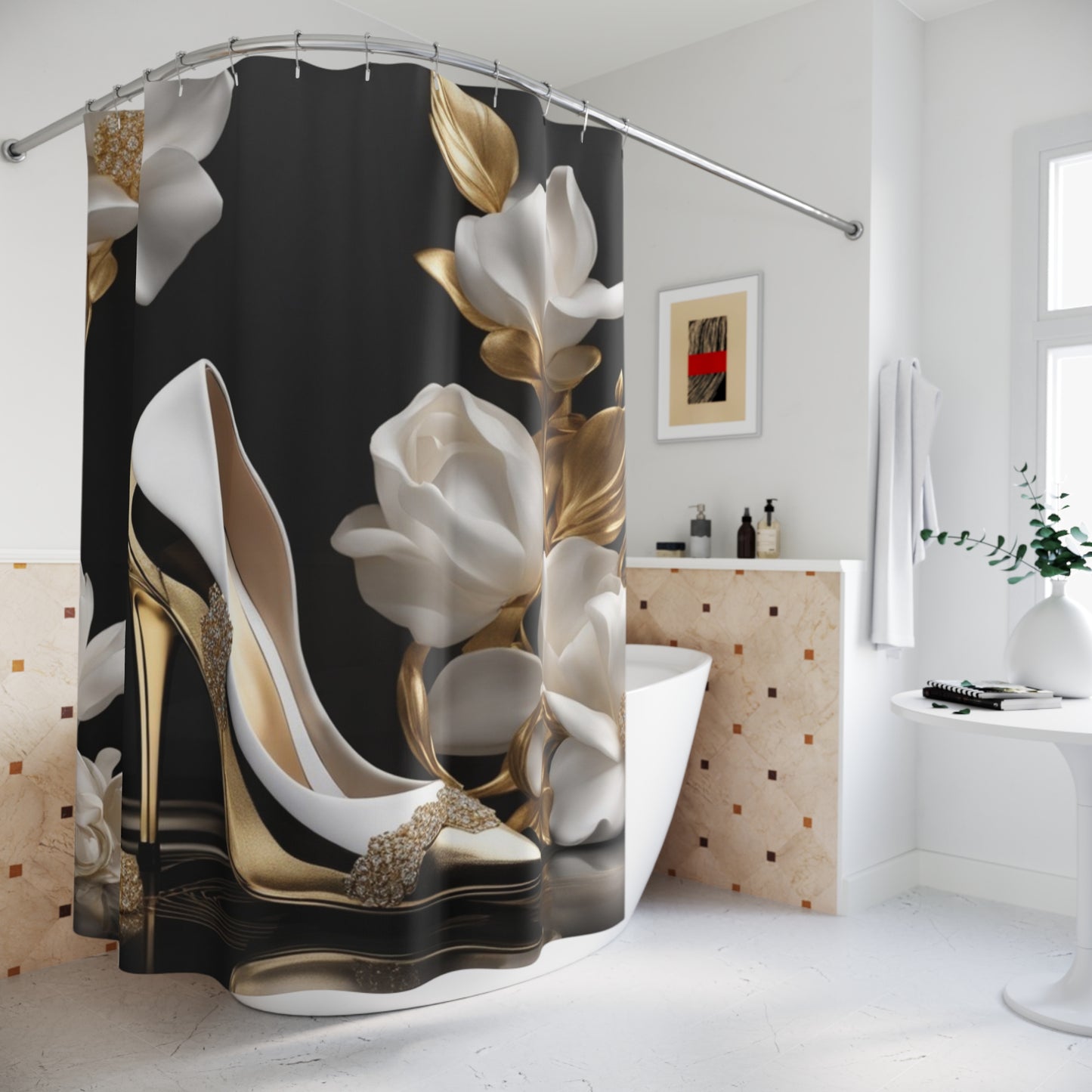 Elegant Stiletto & Gold Floral Shower Curtain — Luxury Bathroom Décor