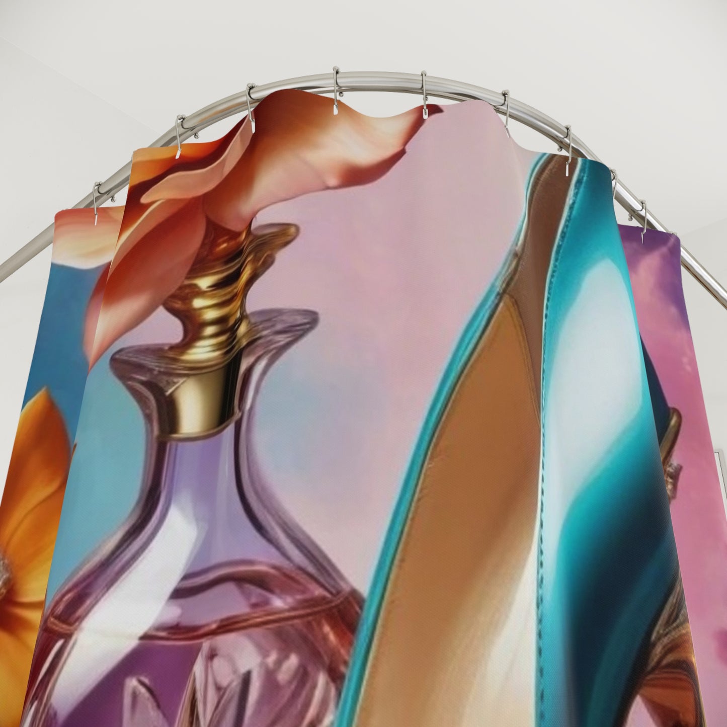 Teal Stiletto & Perfume Bottle Shower Curtain | Glam Floral Vanity
