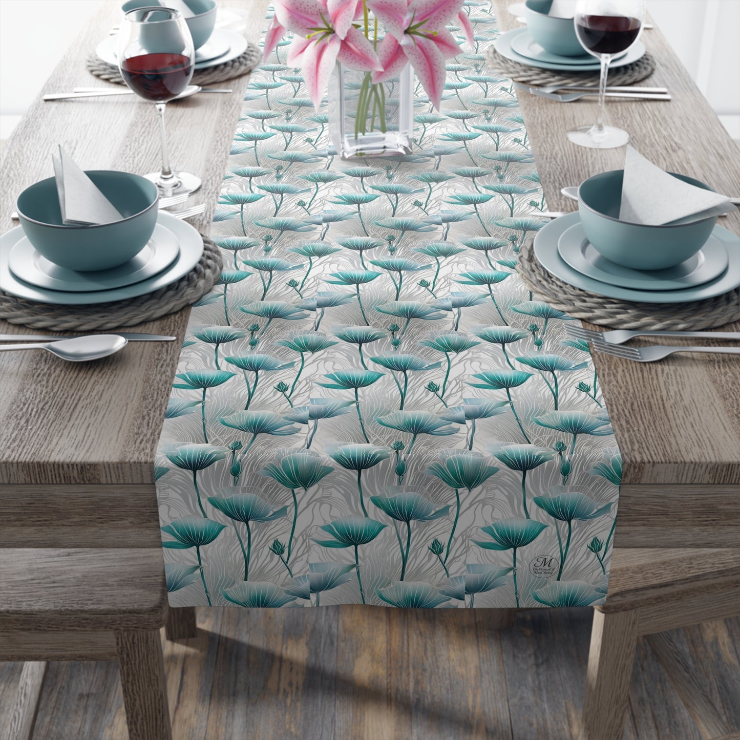 Teal Poppy Floral Table Runner | Cotton Polyester Dining Decor
