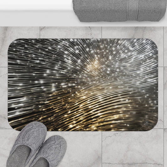 Gold and Silver Light Streaks Bath Mat | Abstract Starburst Design