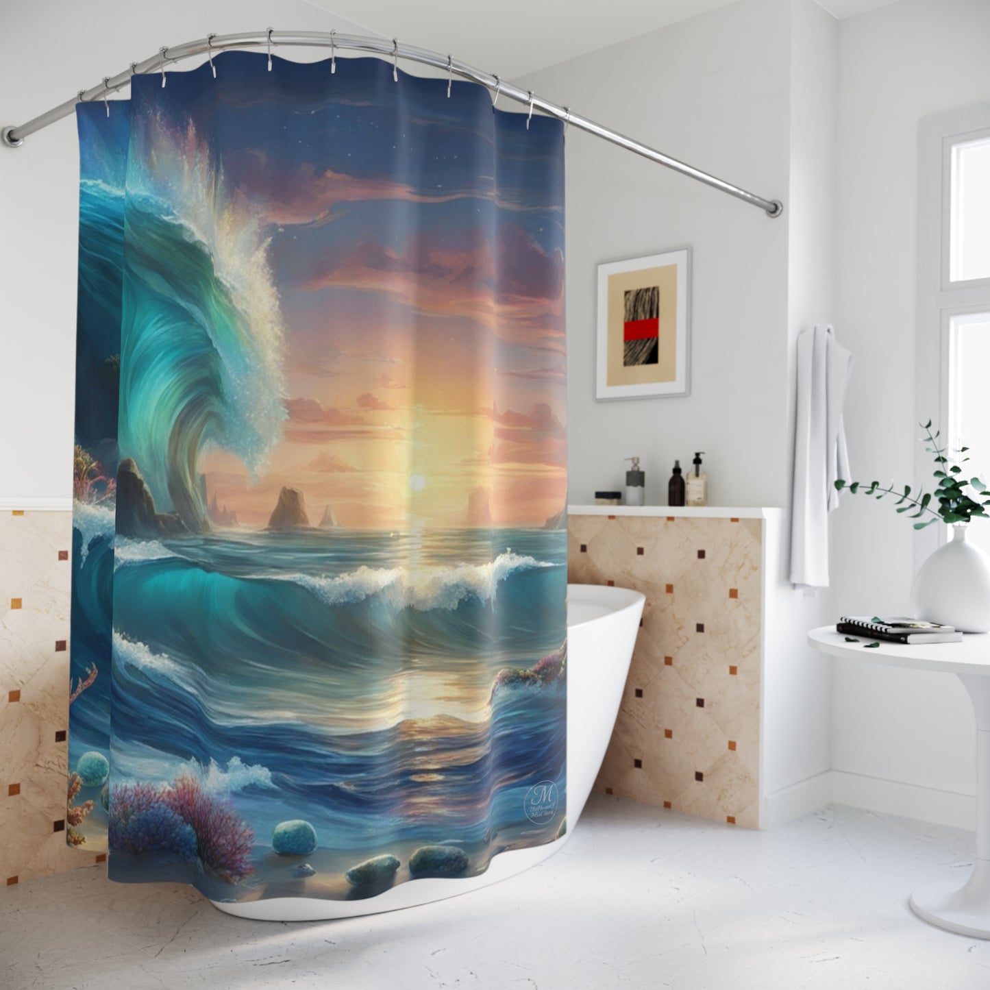 Ocean Wave Sunset Shower Curtain | Turquoise Sea Coastal Bathroom Decor