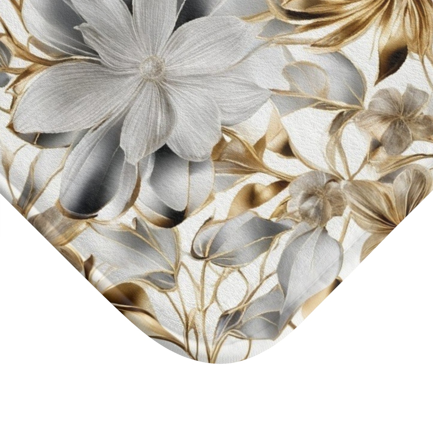 Golden and Silver Floral Bath Mat | Neutral Flower Bathroom Rug
