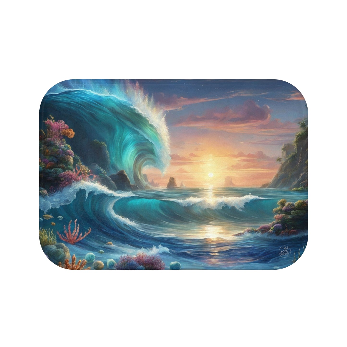 Sunset Ocean Wave Bath Mat | Tropical Seascape, Coral Reef
