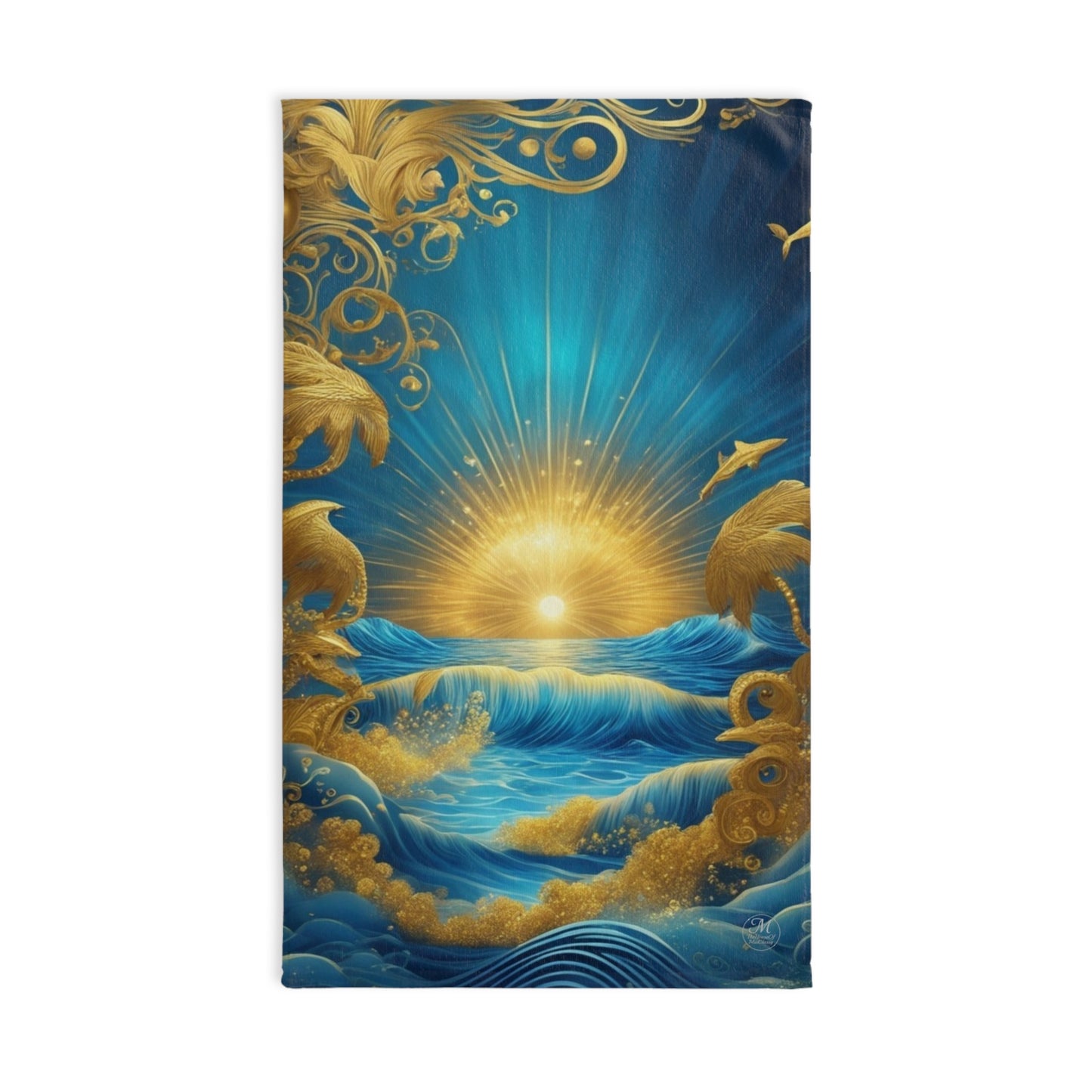Golden Sunrise Ocean Waves Whimsical Hand Towel | Nautical Sunburst Beach Scene
