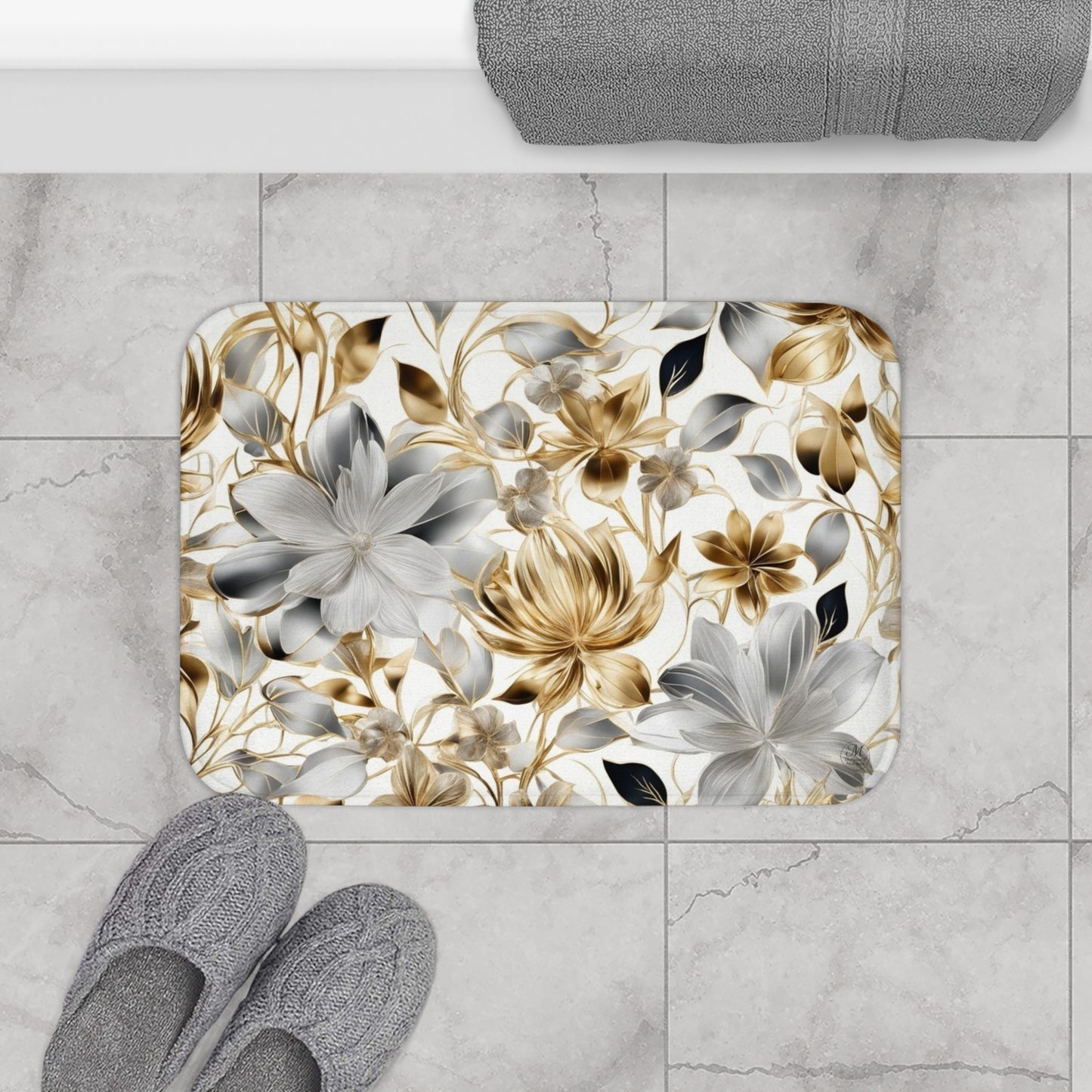 Golden and Silver Floral Bath Mat | Neutral Flower Bathroom Rug